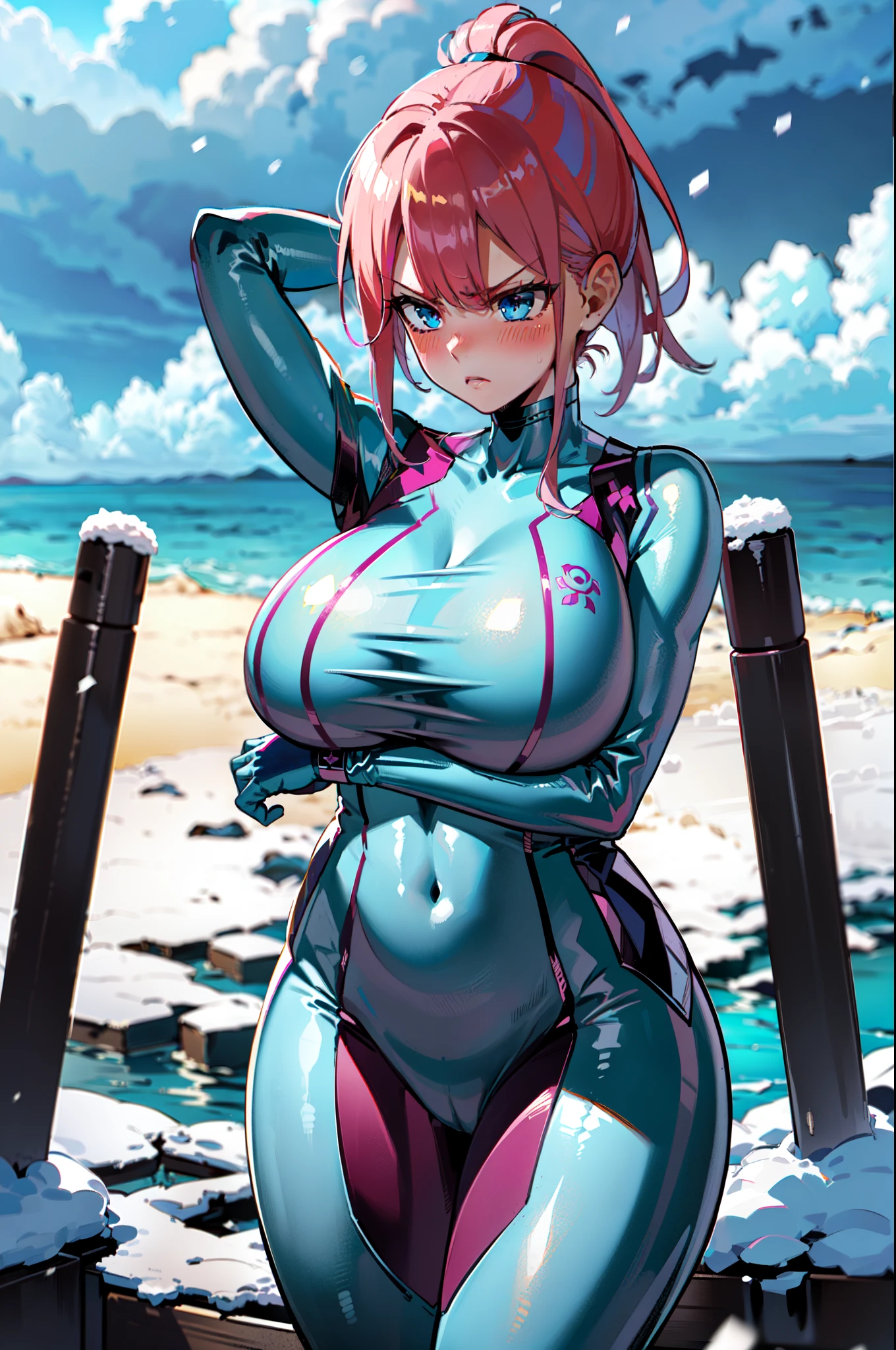 masterpiece, best quality, extremely detailed, 1girl, solo, nakano nino, (huge breasts:1.4), ((((pink hair), long hair, ponytail, blue eyes))), parted lips, (((zero suit, covered collarbone, blue gloves))), ((blush, angry), closed mouth), ((arms behind head, sea, winter, snowing, storm clouds))