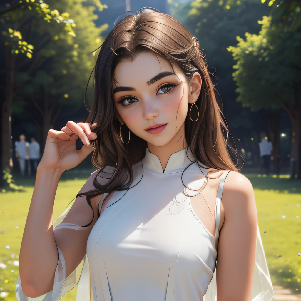 (Extremely detailed 8k wallpaper:2), (photo:2), (23 years old soigne Beautiful girl:2), (gives a lecture to friends:2), detailed (Face and eyes), (hyper realistic:1), (highly detailed:1), (epic realistic:1), rim light, (maximum details:1), cozy, (fullbody:1.3), (looking at viewer:2.0), (Woman's Attractive Qualities:2), (Attractive Woman:2), (Attractive:2), Smile, Intelligence, Empathy, Gracefulness, Sense of Style, Fitness, Grooming, Optimism, (Sensitivity:2), Sincerity, Romantic Gestures, Playfulness, Fashion Sense, (Sensuality:2), Charm, Modesty, Thoughtfulness, (Femininity:1), Flirtatiousness, Warmth, (Physical attractiveness:2), A beautiful smile, A love of life, strength and power, vulnerability, curiosity, wonder, love, (nature background:2), kawaii, waifu, Beautiful breasts, (attractive body:2), (Beautiful body:2), Beautiful pose, attractive pose, (Beautiful legs:1.0), (Beautiful clothes:1), (classic clothes:2), (elegant clothes:2), (European clothes:2), detailed clothes, (skirt:1), (blouse:1), (provocative pose)