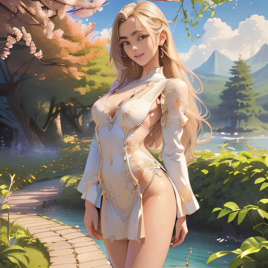 (Extremely detailed 8k wallpaper:2), (photo:2), (23 years old soigne Beautiful girl:2), (gives a lecture to friends:2), detailed (Face and eyes), (hyper realistic:1), (highly detailed:1), (epic realistic:1), rim light, (maximum details:1), cozy, (fullbody:1.3), (looking at viewer:2.0), (Woman's Attractive Qualities:2), (Attractive Woman:2), (Attractive:2), Smile, Intelligence, Empathy, Gracefulness, Sense of Style, Fitness, Grooming, Optimism, (Sensitivity:2), Sincerity, Romantic Gestures, Playfulness, Fashion Sense, (Sensuality:2), Charm, Modesty, Thoughtfulness, (Femininity:1), Flirtatiousness, Warmth, (Physical attractiveness:2), A beautiful smile, A love of life, strength and power, vulnerability, curiosity, wonder, love, (nature background:2), kawaii, waifu, Beautiful breasts, (attractive body:2), (Beautiful body:2), Beautiful pose, attractive pose, (Beautiful legs:1.0), (Beautiful clothes:1), (classic clothes:2), (elegant clothes:2), (European clothes:2), detailed clothes, (skirt:1), (blouse:1), (provocative pose)