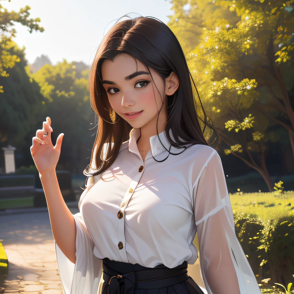 (Extremely detailed 8k wallpaper:2), (photo:2), (23 years old soigne Beautiful girl:2), (gives a lecture to friends:2), detailed (Face and eyes), (hyper realistic:1), (highly detailed:1), (epic realistic:1), rim light, (maximum details:1), cozy, (fullbody:1.3), (looking at viewer:2.0), (Woman's Attractive Qualities:2), (Attractive Woman:2), (Attractive:2), Smile, Intelligence, Empathy, Gracefulness, Sense of Style, Fitness, Grooming, Optimism, (Sensitivity:2), Sincerity, Romantic Gestures, Playfulness, Fashion Sense, (Sensuality:2), Charm, Modesty, Thoughtfulness, (Femininity:1), Flirtatiousness, Warmth, (Physical attractiveness:2), A beautiful smile, A love of life, strength and power, vulnerability, curiosity, wonder, love, (nature background:2), kawaii, waifu, Beautiful breasts, (attractive body:2), (Beautiful body:2), Beautiful pose, attractive pose, (Beautiful legs:1.0), (Beautiful clothes:1), (classic clothes:2), (elegant clothes:2), (European clothes:2), detailed clothes, (skirt:1), (blouse:1), (provocative pose)