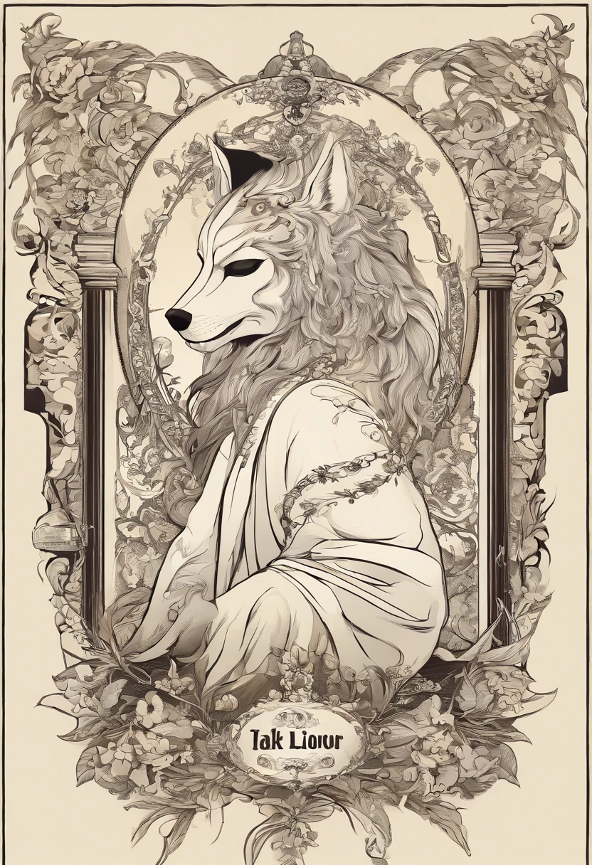 Man wearing a white wolf mask, holding a cigarette, smoke, side view sitting, one leg down, text “Let’s Talk Liquor”
