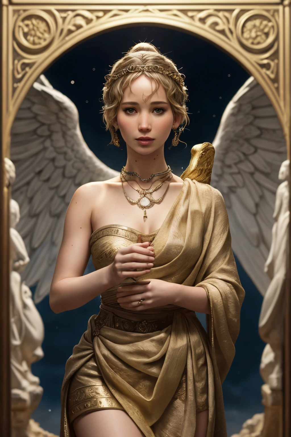 "Generate an AI-powered artwork that envisions Jennifer Lawrence as a mythical figure drawn from ancient mythology. Picture her draped in ethereal garments inspired by ancient tales, blending elements of classical Greek, Roman, or other mythological aesthetics. Envision her embodying the characteristics of a legendary heroine or goddess, with symbols of mythological significance intertwined with her persona. Surround her with a mythical backdrop, incorporating elements such as mystical landscapes, divine creatures, or celestial motifs. Use a rich and symbolic color palette to convey the mystique and timelessness associated with classical mythology. The final image should be a captivating blend of Jennifer Lawrence's presence and the allure of ancient mythological tales."