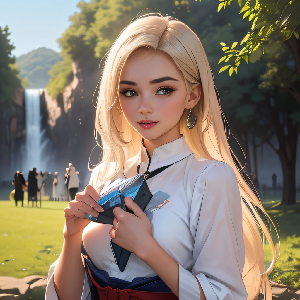 (Extremely detailed 8k wallpaper:2), (photo:2), (23 years old soigne Beautiful girl:2), (gives a lecture to friends:2), detailed (Face and eyes), (hyper realistic:1), (highly detailed:1), (epic realistic:1), rim light, (maximum details:1), cozy, (fullbody:1.3), (looking at viewer:2.0), (Woman's Attractive Qualities:2), (Attractive Woman:2), (Attractive:2), Smile, Intelligence, Empathy, Gracefulness, Sense of Style, Fitness, Grooming, Optimism, (Sensitivity:2), Sincerity, Romantic Gestures, Playfulness, Fashion Sense, (Sensuality:2), Charm, Modesty, Thoughtfulness, (Femininity:1), Flirtatiousness, Warmth, (Physical attractiveness:2), A beautiful smile, A love of life, strength and power, vulnerability, curiosity, wonder, love, (nature background:2), kawaii, waifu, Beautiful breasts, (attractive body:2), (Beautiful body:2), Beautiful pose, attractive pose, (Beautiful legs:1.0), (Beautiful clothes:1), (classic clothes:2), (elegant clothes:2), (European clothes:2), detailed clothes, (skirt:1), (blouse:1), (provocative pose)