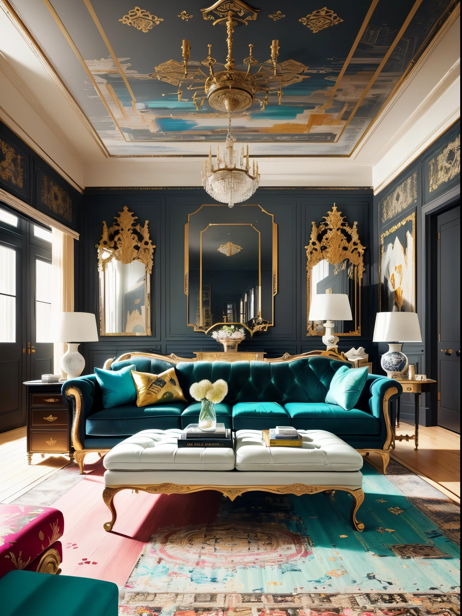 there is a living room with a couch, a chair, ottoman, and a table, Maximalism. Amazing, Minimalist details, maximalist, Perfect minimalist composition, great masterpiece, Messy minimalist interior, minimalist engraved design, ultra maximalism, ultra maximalism, wonderful masterpiece, hyper-maximalist, Maximalism, Vivid and detailed