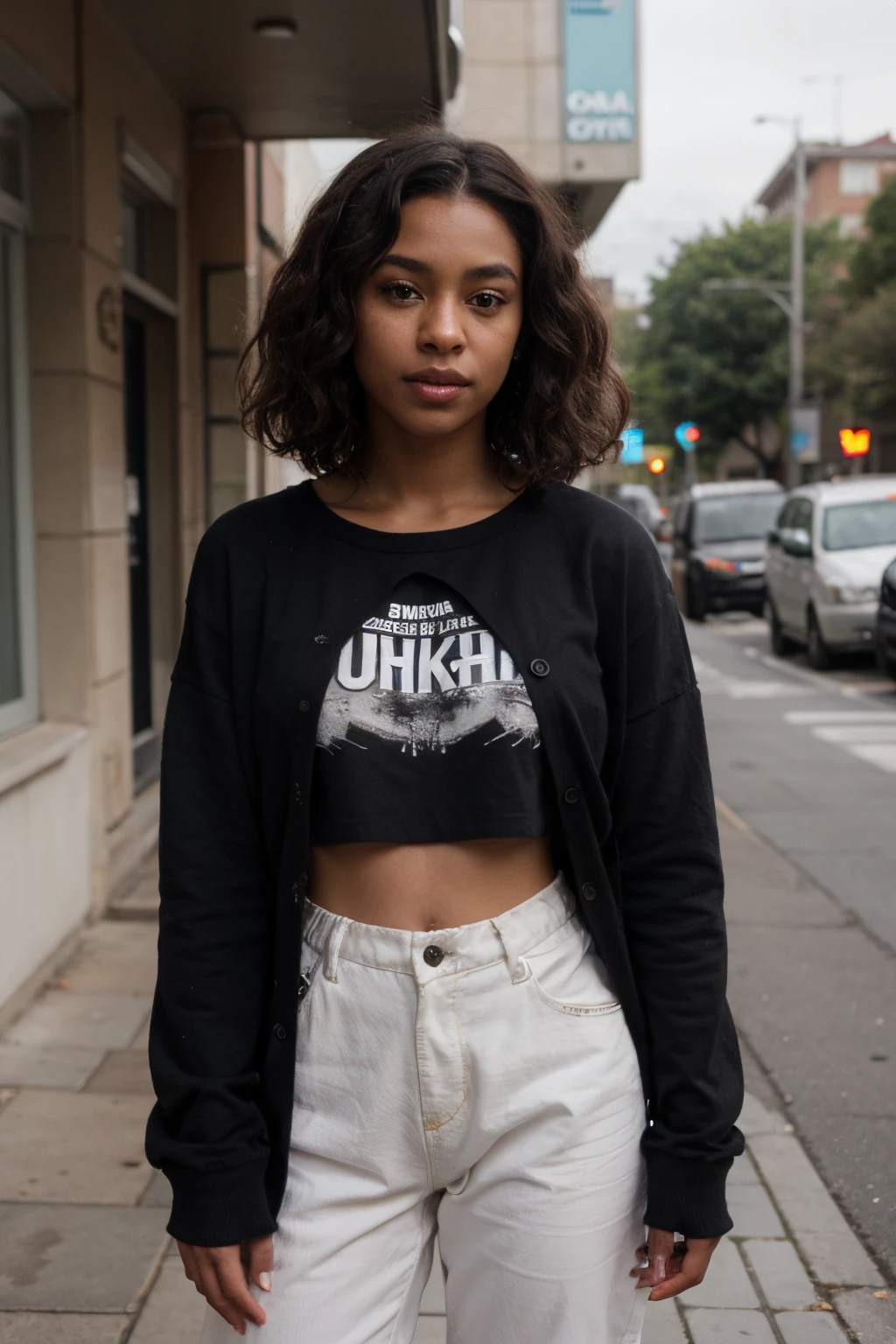 Make a character with dark skin and curly hair who only wears loose black clothes
