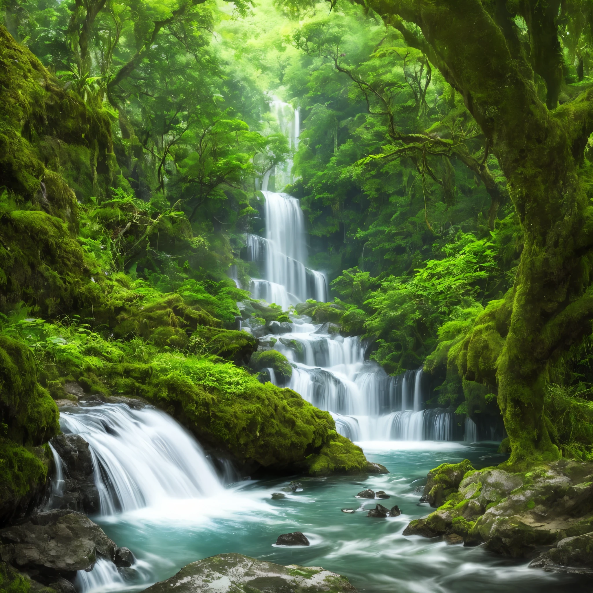waterfall in the middle of a green jungle and with a river where various animals drink water