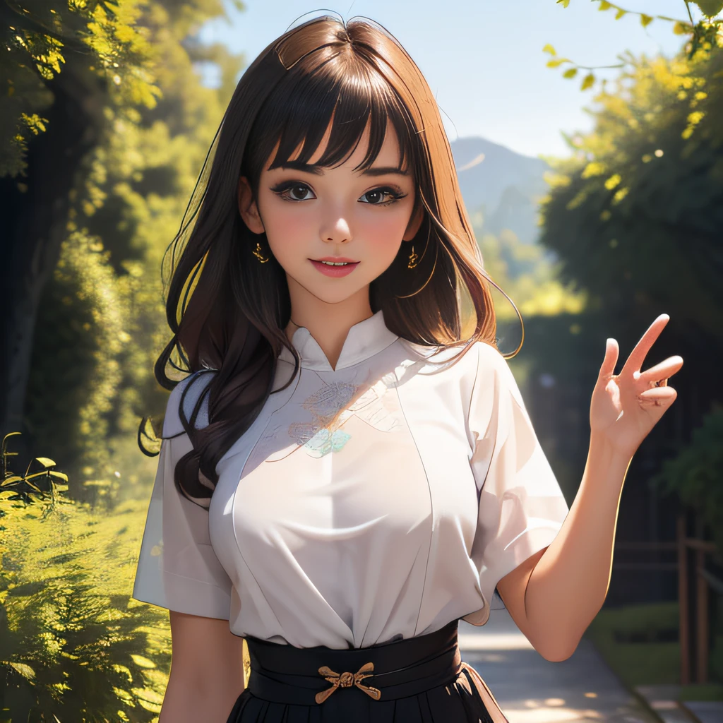 (Extremely detailed 8k wallpaper:2), (photo:2), (23 years old soigne Beautiful girl:2), (gives a lecture to friends:2), detailed (Face and eyes), (hyper realistic:1), (highly detailed:1), (epic realistic:1), rim light, (maximum details:1), cozy, (fullbody:1.3), (looking at viewer:2.0), (Woman's Attractive Qualities:2), (Attractive Woman:2), (Attractive:2), Smile, Intelligence, Empathy, Gracefulness, Sense of Style, Fitness, Grooming, Optimism, (Sensitivity:2), Sincerity, Romantic Gestures, Playfulness, Fashion Sense, (Sensuality:2), Charm, Modesty, Thoughtfulness, (Femininity:1), Flirtatiousness, Warmth, (Physical attractiveness:2), A beautiful smile, A love of life, strength and power, vulnerability, curiosity, wonder, love, (nature background:2), kawaii, waifu, Beautiful breasts, (attractive body:2), (Beautiful body:2), Beautiful pose, attractive pose, (Beautiful legs:1.0), (Beautiful clothes:1), (classic clothes:2), (elegant clothes:2), (European clothes:2), detailed clothes, (skirt:1), (blouse:1), (provocative pose)