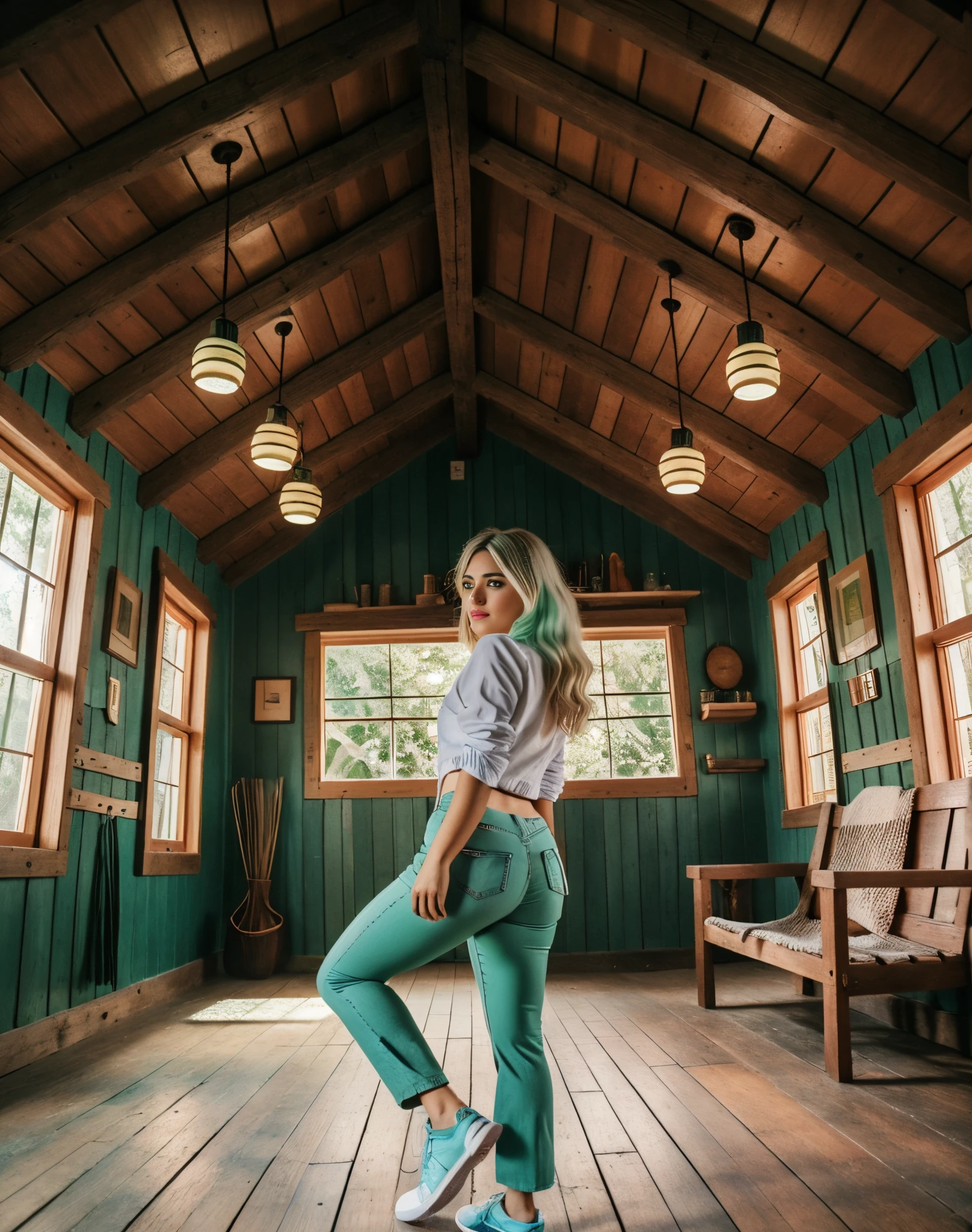 (La mejor calidad: 1.4), (Ultra detallado), (Luz detallada), perfect anatomy body proportions, Disco duro、NSFW , Lente Nikon Z9 de 80 mm, (Cara linda extremadamente detallada), Amazing face and eyes, ((primer plano de Jackie Lynn Thomas con un top blanco y pantalones cortos color aguamarina, cabello rubio, ojos verdes, pantalones cortos, posando en la espalda)), ((trasero, from the rear, top down angle, Contrapartida)), Foto de cuerpo entero, brazo posando en la cadera, caderas grandes, dark skin, caderas anchas, pechos grandes, Tight clothing, dynamic pose, Looking at the camera, Gran detalle, Tight clothing, posando frente al espejo, mirada coqueta, Luz natural, High detail, Obra maestra, Hermosos pechos, Beautiful, La mejor calidad, Fondo de pantalla CG 8k unificado extremadamente detallado, high definition RAW color photos, Professional Photography, dynamic lighting, (((Bokeh))), Profundidad de campos, piel de porcelana, ojos expresivos, sonrisa juguetona, encanto seductor, Moda vintage, dreamy atmosphere, Soft lighting, Detalles intrincados, pasar el rato con orbes, in a cabin, with neon lights, Cottagecore hippie, Light inside the cabin, arhitectural shot, with neon lighting, Cottagecore!!, dentro de su templo, Warm lighting inside, in an attic