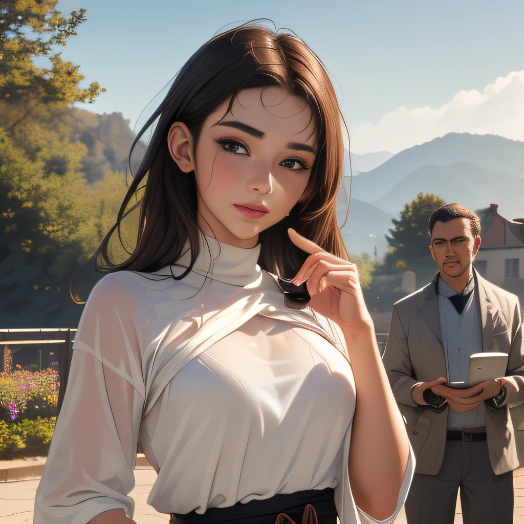 (Extremely detailed 8k wallpaper:2), (photo:2), (23 years old soigne Beautiful girl:2), (gives a lecture to friends:2), detailed (Face and eyes), (hyper realistic:1), (highly detailed:1), (epic realistic:1), rim light, (maximum details:1), cozy, (fullbody:1.3), (looking at viewer:2.0), (Woman's Attractive Qualities:2), (Attractive Woman:2), (Attractive:2), Smile, Intelligence, Empathy, Gracefulness, Sense of Style, Fitness, Grooming, Optimism, (Sensitivity:2), Sincerity, Romantic Gestures, Playfulness, Fashion Sense, (Sensuality:2), Charm, Modesty, Thoughtfulness, (Femininity:1), Flirtatiousness, Warmth, (Physical attractiveness:2), A beautiful smile, A love of life, strength and power, vulnerability, curiosity, wonder, love, (nature background:2), kawaii, waifu, Beautiful breasts, (attractive body:2), (Beautiful body:2), Beautiful pose, attractive pose, (Beautiful legs:1.0), (Beautiful clothes:1), (classic clothes:2), (elegant clothes:2), (European clothes:2), detailed clothes, (skirt:1), (blouse:1), (provocative pose)