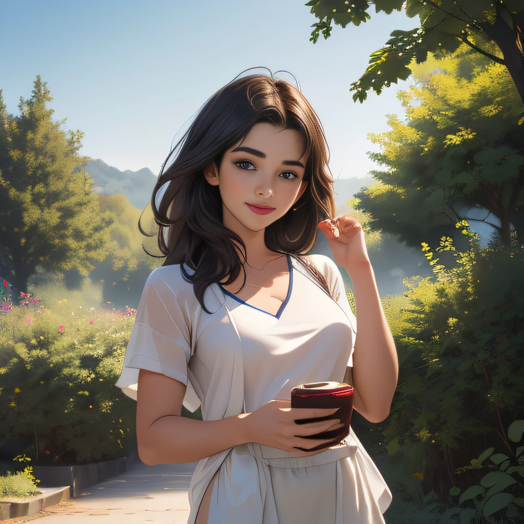 (Extremely detailed 8k wallpaper:2), (photo:2), (23 years old soigne Beautiful girl:2), (gives a lecture to friends:2), detailed (Face and eyes), (hyper realistic:1), (highly detailed:1), (epic realistic:1), rim light, (maximum details:1), cozy, (fullbody:1.3), (looking at viewer:2.0), (Woman's Attractive Qualities:2), (Attractive Woman:2), (Attractive:2), Smile, Intelligence, Empathy, Gracefulness, Sense of Style, Fitness, Grooming, Optimism, (Sensitivity:2), Sincerity, Romantic Gestures, Playfulness, Fashion Sense, (Sensuality:2), Charm, Modesty, Thoughtfulness, (Femininity:1), Flirtatiousness, Warmth, (Physical attractiveness:2), A beautiful smile, A love of life, strength and power, vulnerability, curiosity, wonder, love, (nature background:2), kawaii, waifu, Beautiful breasts, (attractive body:2), (Beautiful body:2), Beautiful pose, attractive pose, (Beautiful legs:1.0), (Beautiful clothes:1), (classic clothes:2), (elegant clothes:2), (European clothes:2), detailed clothes, (skirt:1), (blouse:1), (provocative pose)