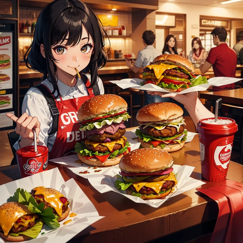 1 Beleza,olhos grandes lacrimejantes,Sit facing the camera, (Your mouth is swollen full of burgers), long eyeslashes,saia curta,Blushlush,Cabelo preto perm, em loja de fast food, (Holding a hamburger steak in his mouth with a big smile), Polvilhe com ketchup em grandes quantidades, Uma grande quantidade de ketchup pinga no decote, Spilled food waste