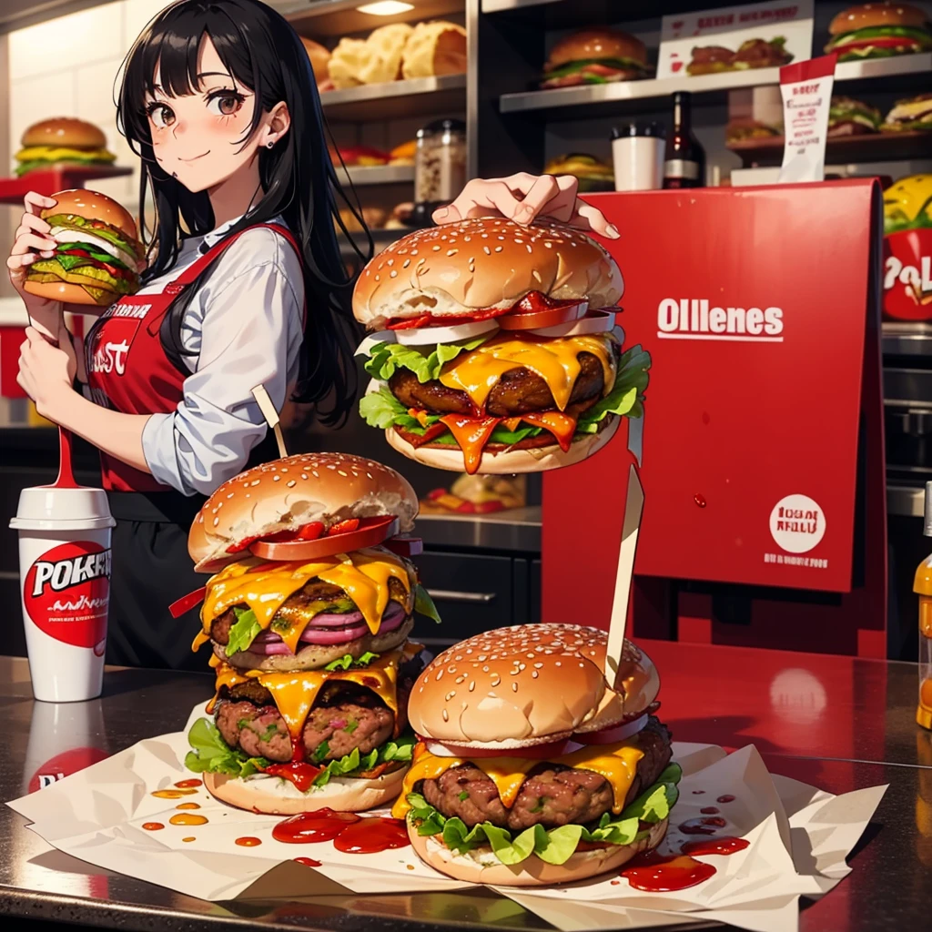 1 Beleza,olhos grandes lacrimejantes,Sit facing the camera, (Your mouth is swollen full of burgers), long eyeslashes,saia curta,Blushlush,Cabelo preto perm, em loja de fast food, (Holding a hamburger steak in his mouth with a big smile), Polvilhe com ketchup em grandes quantidades, Uma grande quantidade de ketchup pinga no decote, Spilled food waste