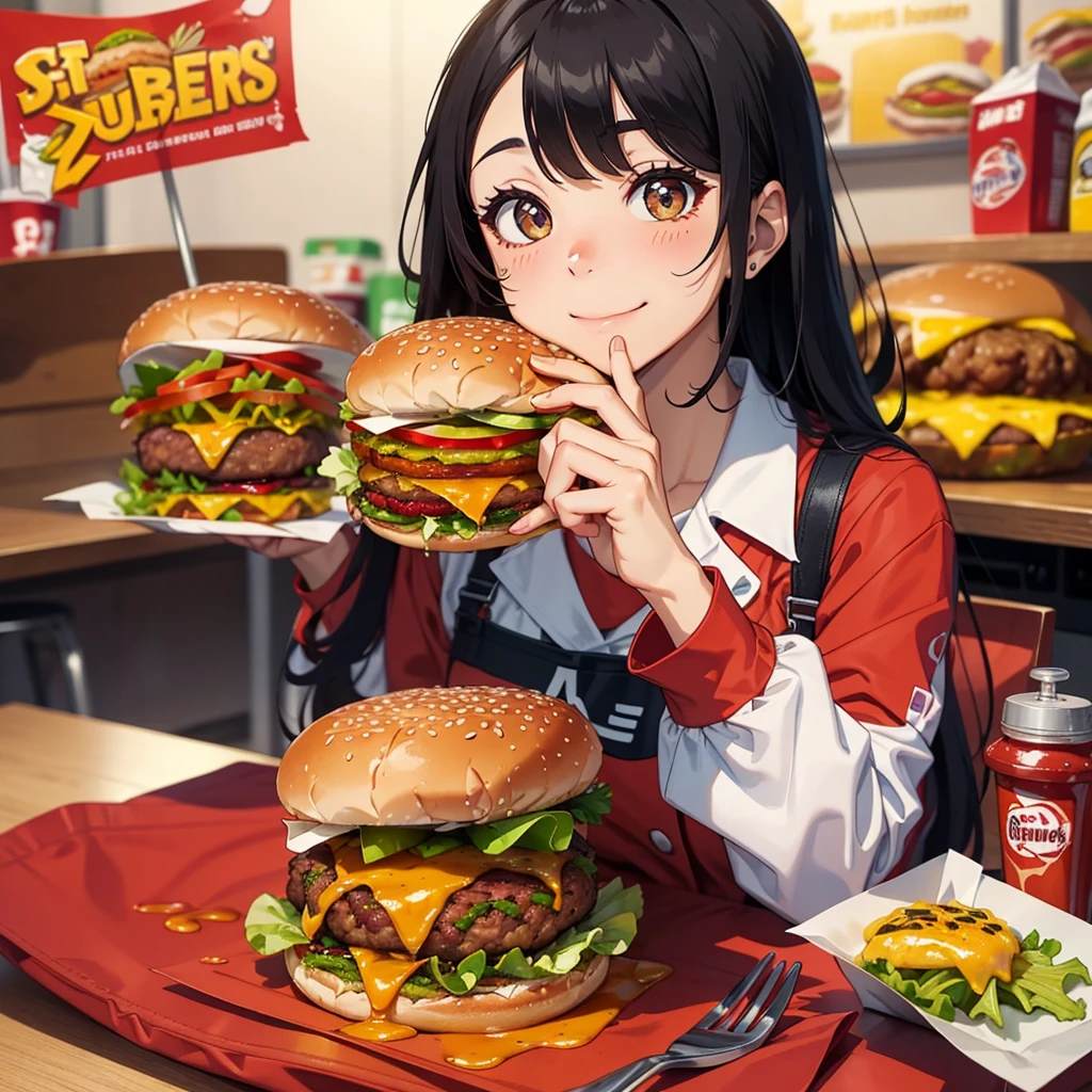 1 Beleza,olhos grandes lacrimejantes,Sit facing the camera, (Your mouth is swollen full of burgers), long eyeslashes,saia curta,Blushlush,Cabelo preto perm, em loja de fast food, (Holding a hamburger steak in his mouth with a big smile), Polvilhe com ketchup em grandes quantidades, Uma grande quantidade de ketchup pinga no decote, Spilled food waste