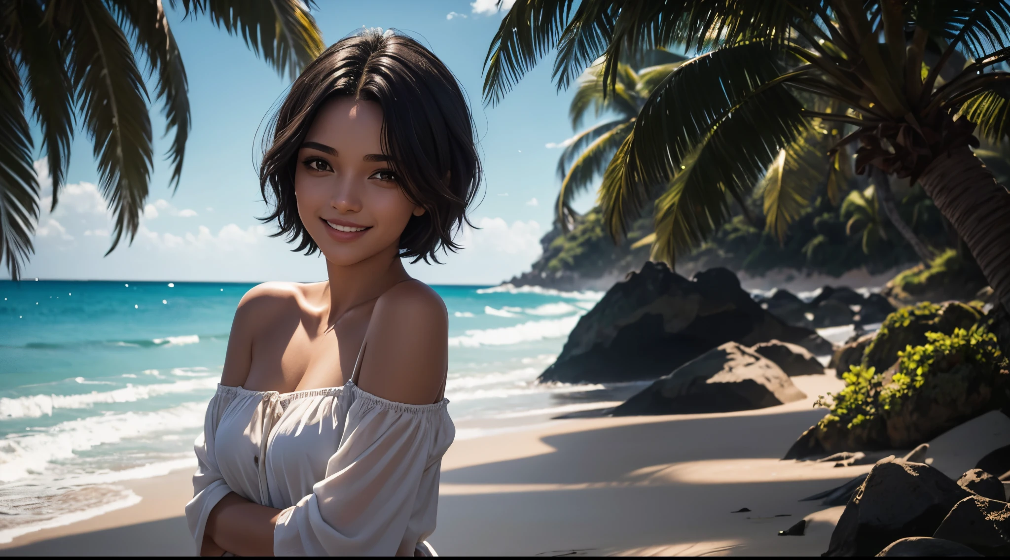 uma jovem de cabelo preto, olhos verdes, short hair up to the shoulders, ela esta na praia, It's spring morning,  shes alone, She's smiling, melhor fotografia, obra prima, luz cinematografica, 8k, ela esta feliz