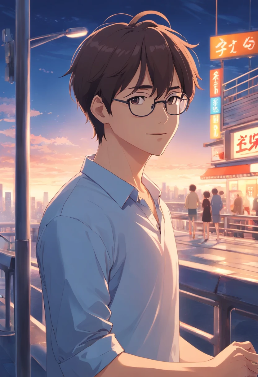 ((of the highest quality, in 8K, master piece),(A man in his 40s wearing a white shirt), (age 40s:1.5),Alone、eye glasses、bright expression,A smile,mustache, Slightly brown hair, Shaved body, Show me your body, (High quality, Realistic image),, Movie style, .