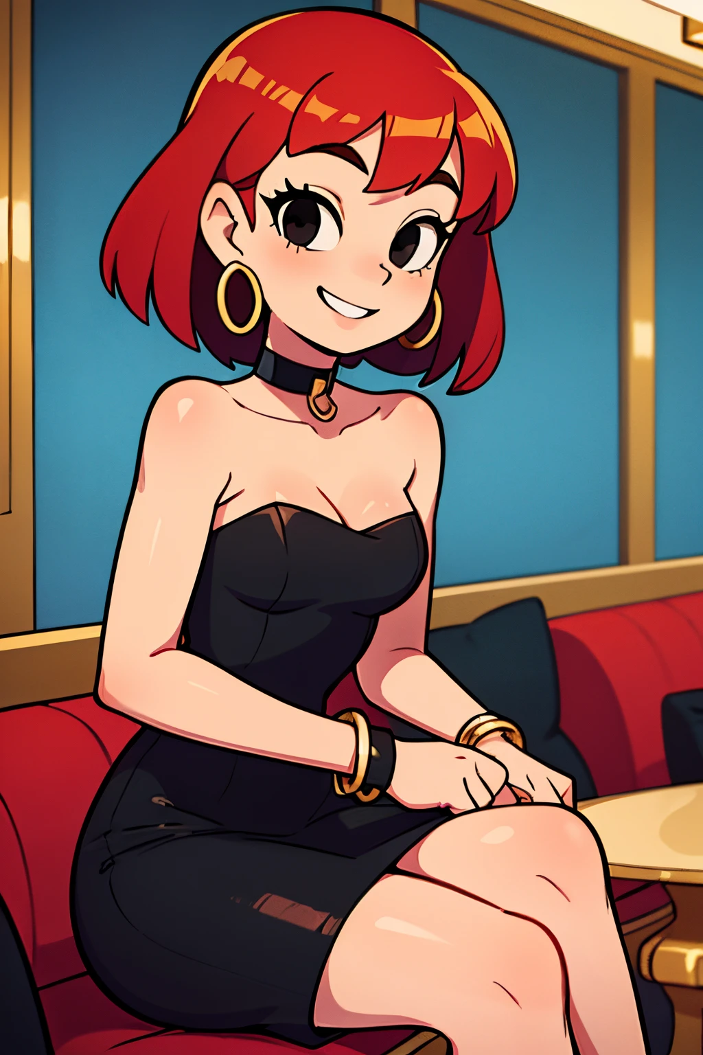FrankieFoster, FostersStyle, 1 girl, teenage, short red hair, medium hair, bob hair, black eyes, smile, little black dress, strapless dress, skin-tight dress, choker, gold hoop earrings, gold bracelet, fancy hotel, portrait.