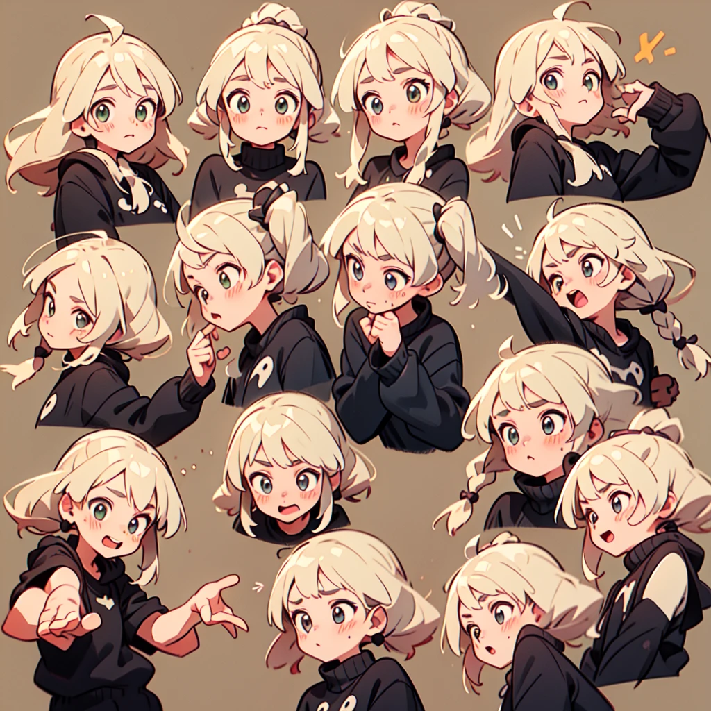 pacote avatar menina bonito, pacote de emojis, Mesma menina, blonde hair, olhos verdes, multiples poses and expressions, camisa branca, 4k, master part, best quality, Alinhar arranjo