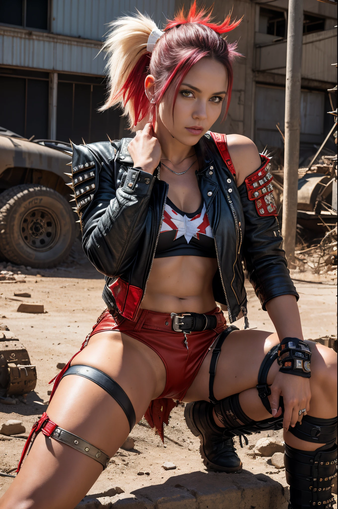 Andrea is a beautiful American woman, (best quality), (masterpiece), (adult), (beautiful face), (random colors), (TankGirl), A punk comic character, showing off her perfect athletic body, clean face, tiny leather shorts, white t-shirt ripped at the breasts with red lingerie showing underneath, jacket with spikes, in the wild urban style of Simon Bisley for the cover of Heavy Metal magazine, Spectacular graphics, Mad max clothing, Metal shoulder protection with exposed rivets and screws, Dark random colors with white stars and red and white checkerboard pattern, armor, full of thorns, (((from the knee up))), In the background, An abandoned factory in the desert sketch bold lines