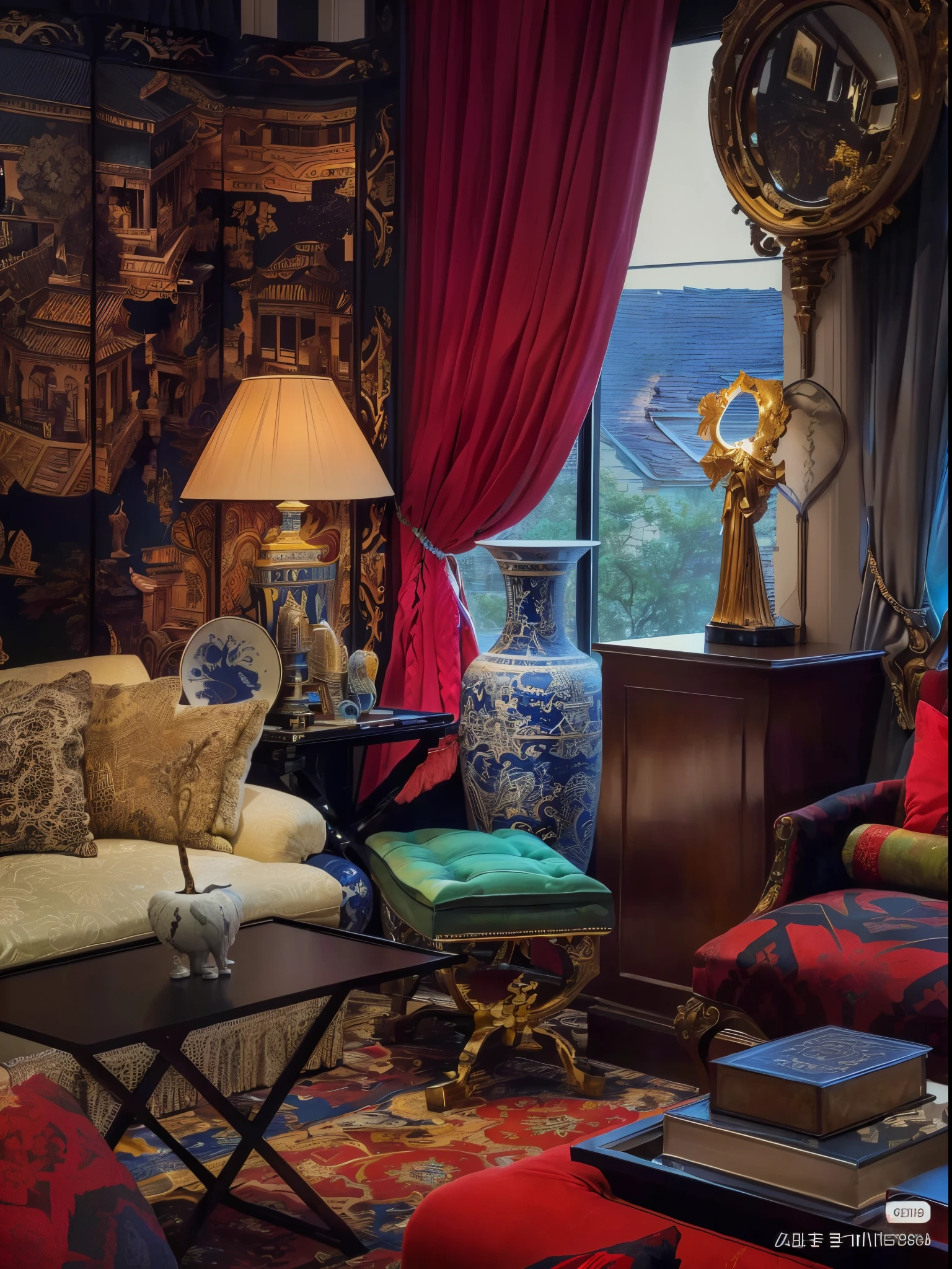 there is a living room with a couch, a chair, ottoman, and a table, Maximalism. Amazing cleavage, Minimalist details, maximalist, Perfect minimalist composition, great masterpiece, Messy minimalist interior, simple engraved design, supermultiplierism, supermultiplierism, wonderful masterpiece, Ultra-multiplicationism, Maximalism, Vivid and detailed