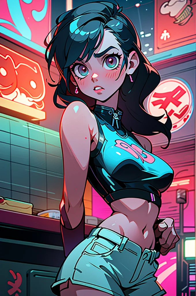 (best quality, masterpiece), 1girl, cyberpunk, neon, cloudy sky, (cartoon: 1.5), sexy, string, big breast, tight, petite, small, neon signs, ramen shop, crop top, fish net, really low waist, transparent,