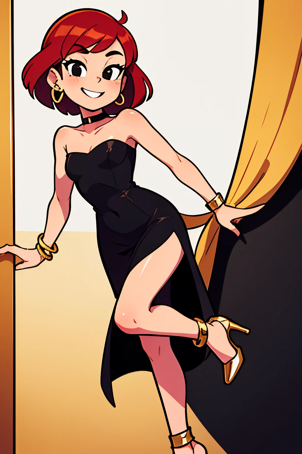 FrankieFoster, FostersStyle, 1 girl, teenage, short red hair, medium hair, bob hair, black eyes, smile, little black dress, strapless dress, skin-tight dress, choker, gold hoop earrings, gold bracelet, black high heels, fancy hotel, sexy poses.