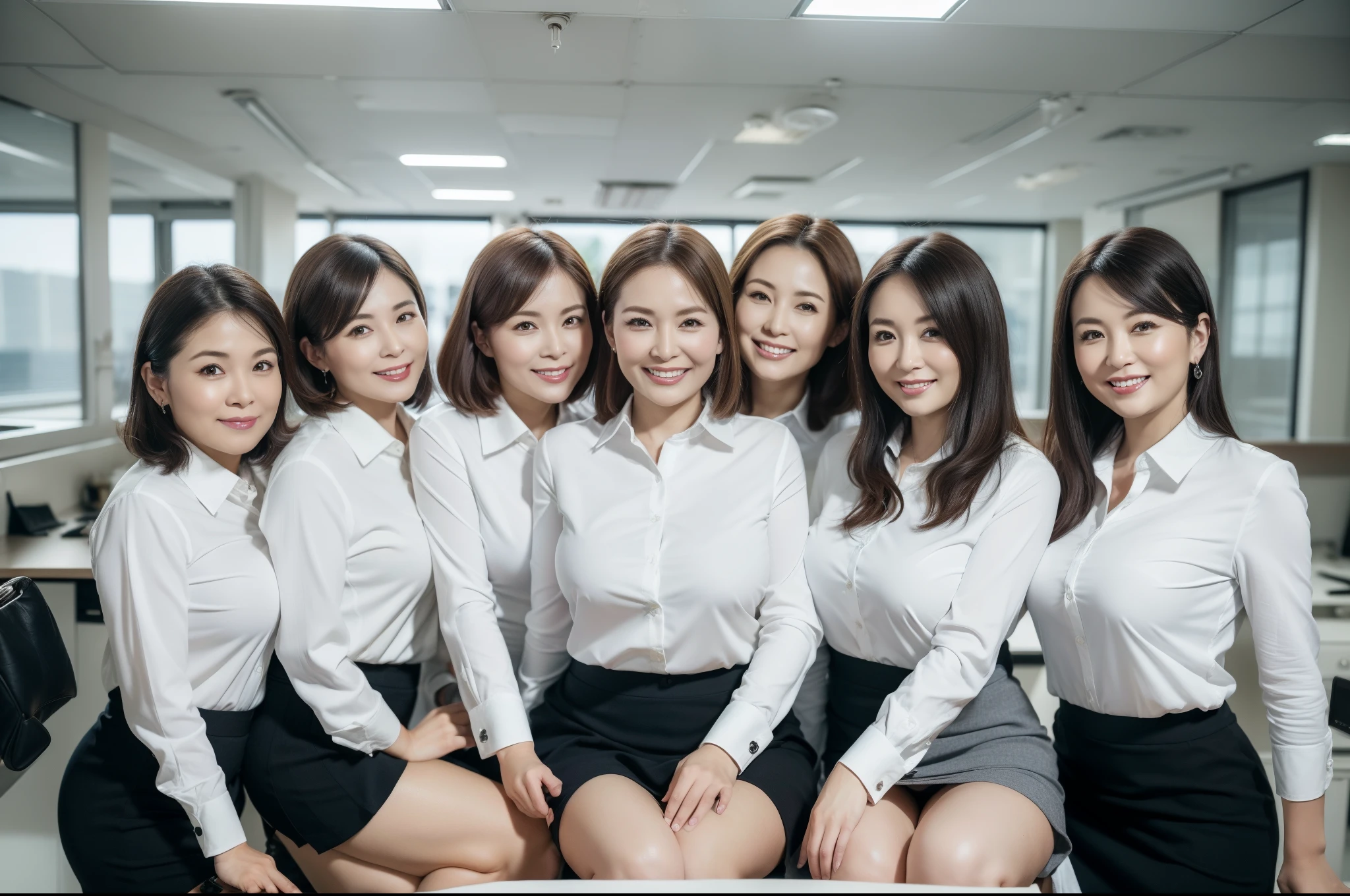 ((Best Quality, 8k, Masterpiecedetails, ultra-high resolution)), (group picture),(looking at the viewer), (full shot:), attractive business 5 milfs, 5 people, a bit chubby:0.25, seductive expression, white collared shirt, grey skirt, (sitting with cross legs on office desks)), smile, office of CEO,