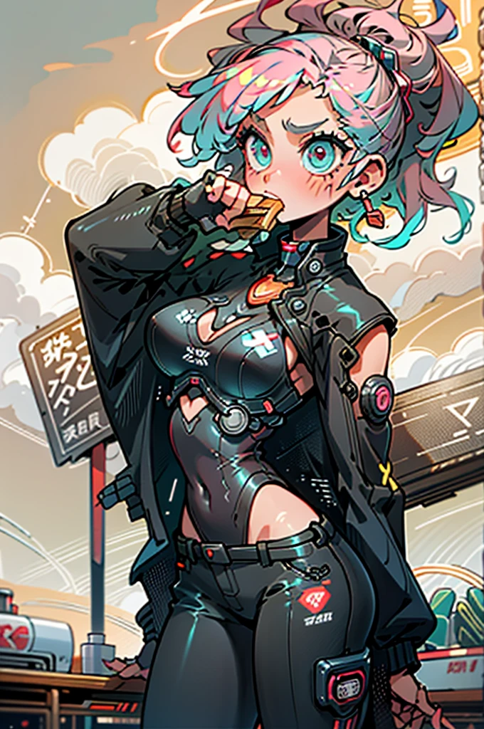 (best quality, masterpiece), 1girl, cyberpunk, neon, cloudy sky, (cartoon:1.5), sexy, string, big breast, tight, petite, small, neon signs, ramen shop