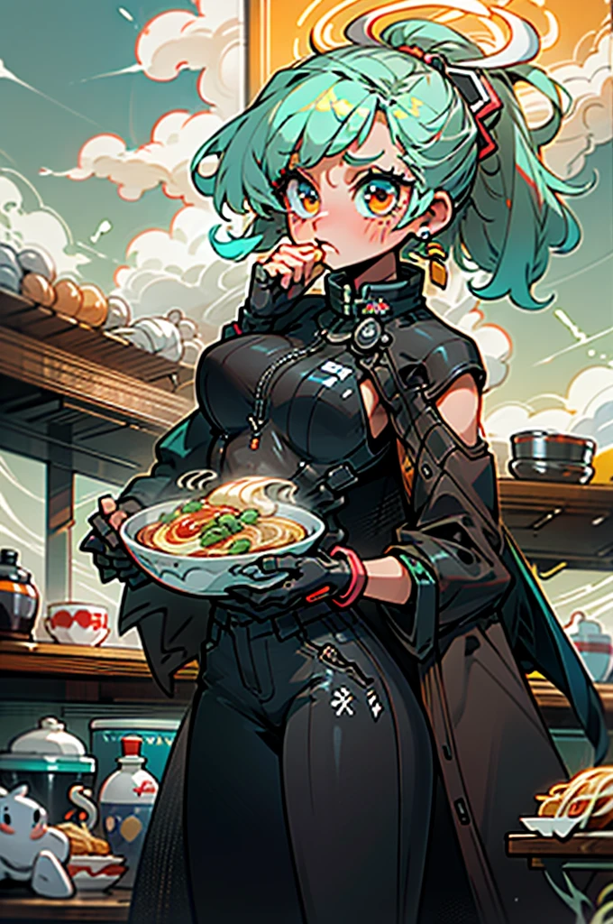 (best quality, masterpiece), 1girl, cyberpunk, neon, cloudy sky, (cartoon:1.5), sexy, string, big breast, tight, petite, small, neon signs, ramen shop