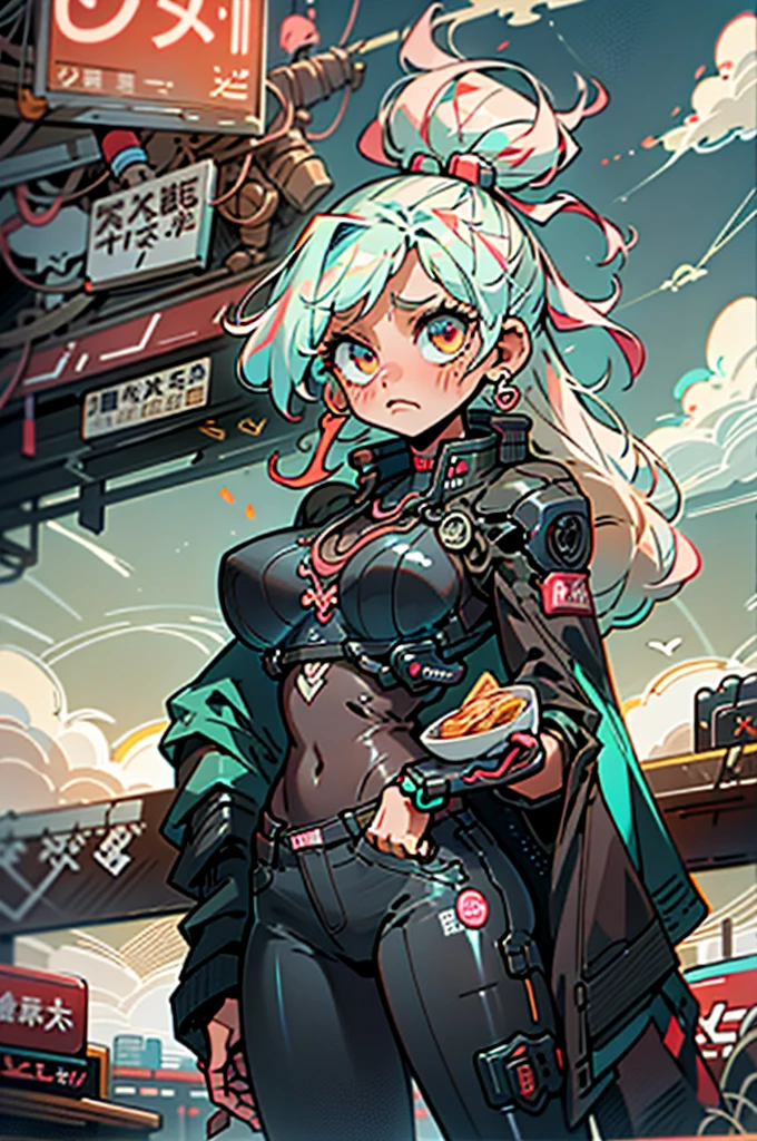 (best quality, masterpiece), 1girl, cyberpunk, neon, cloudy sky, (cartoon:1.5), sexy, string, big breast, tight, petite, small, neon signs, ramen shop