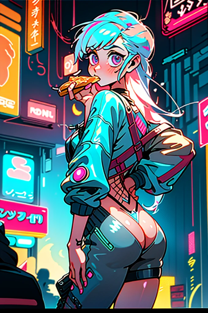 (best quality, masterpiece), 1girl, holo jacket, cyberpunk, neon, fog, (cartoon: 1.5), sexy, thong, big chest, tight, small, small, neon signs, ramen shop, fishnet very low, transparent, very long hair, from the back, ass, bubble butt, string