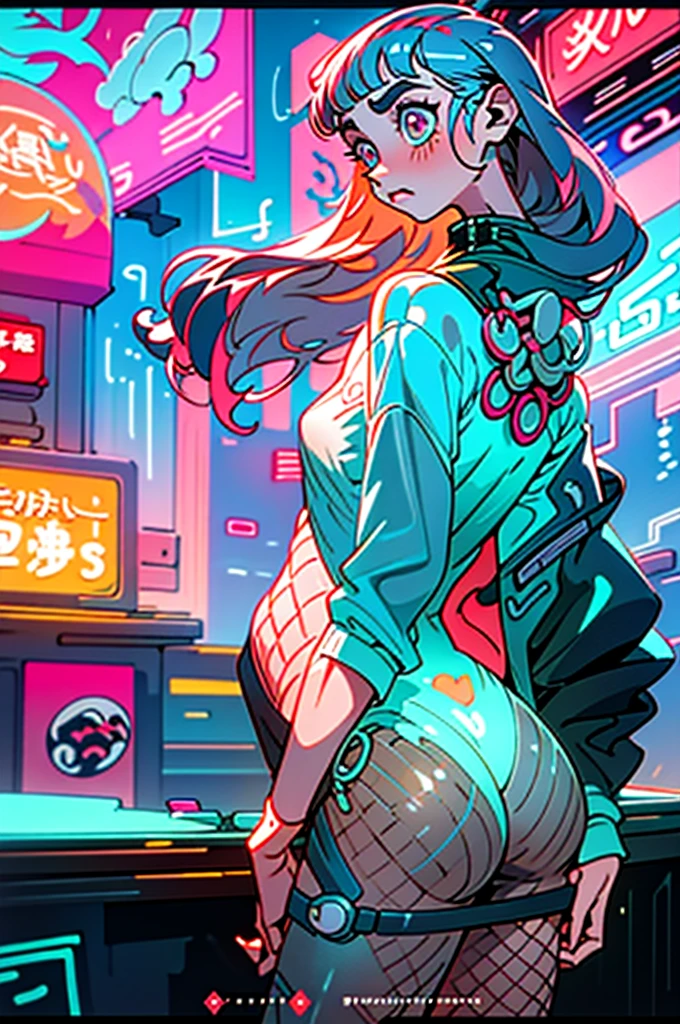 (best quality, masterpiece), 1girl, holo jacket, cyberpunk, neon, fog, (cartoon: 1.5), sexy, thong, big chest, tight, small, small, neon signs, ramen shop, fishnet very low, transparent, very long hair, from the back, ass, bubble butt, string