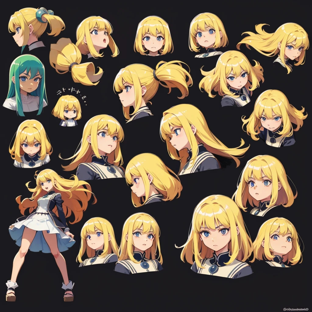 garota, model sheet, rostos, Expressions ,Organizado.