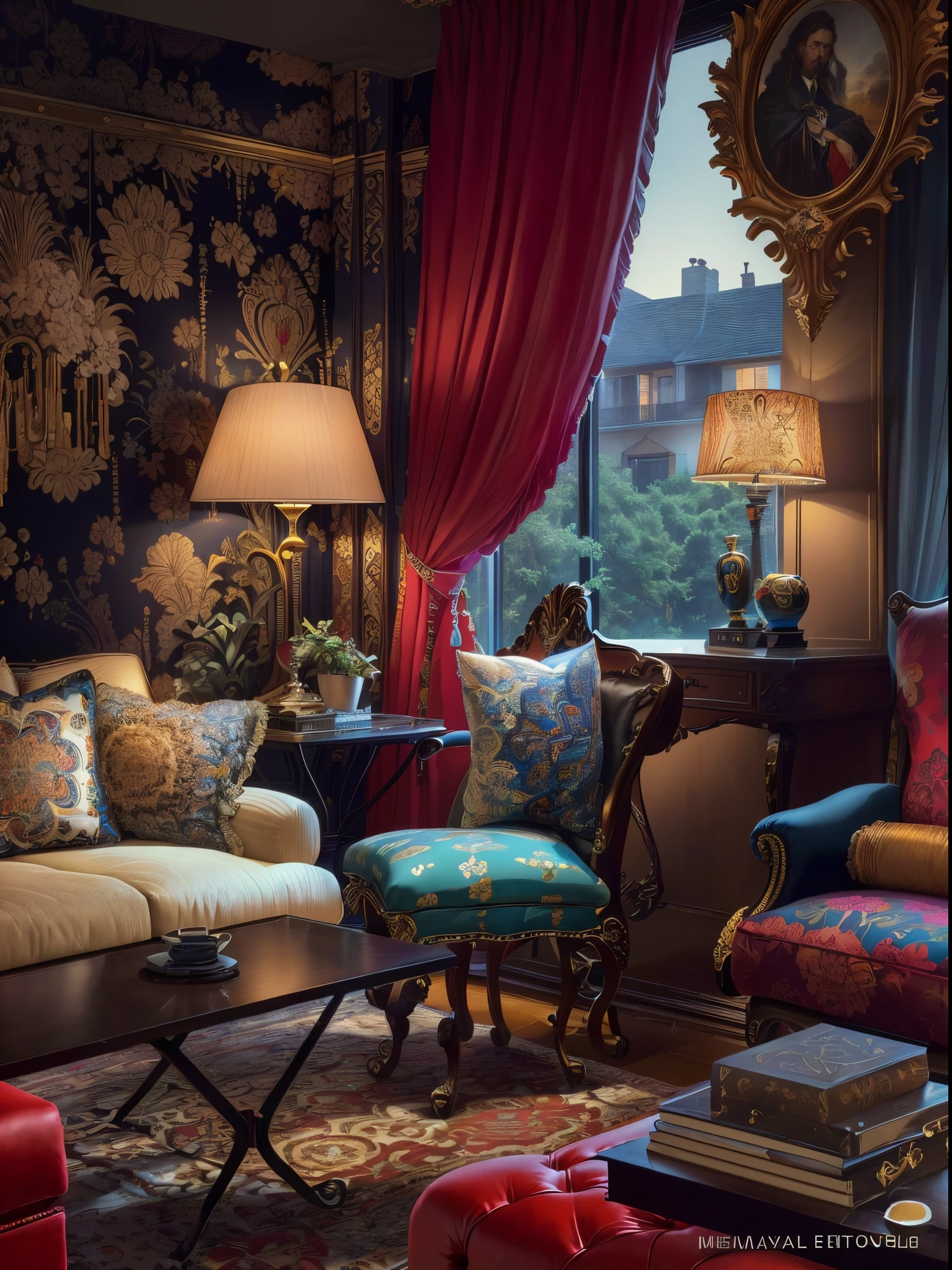 there is a living room with a couch, a chair, ottoman, and a table, Maximalism. Amazing Cleavage, maximalist details, maximalist, Perfect minimalist composition, great masterpiece, Messy minimalist interior, Simple engraved design, Ultra-multiplicationism, Ultra-multiplicationism, wonderful masterpiece, ultra maximalism, Maximalism, Vivid and detailed