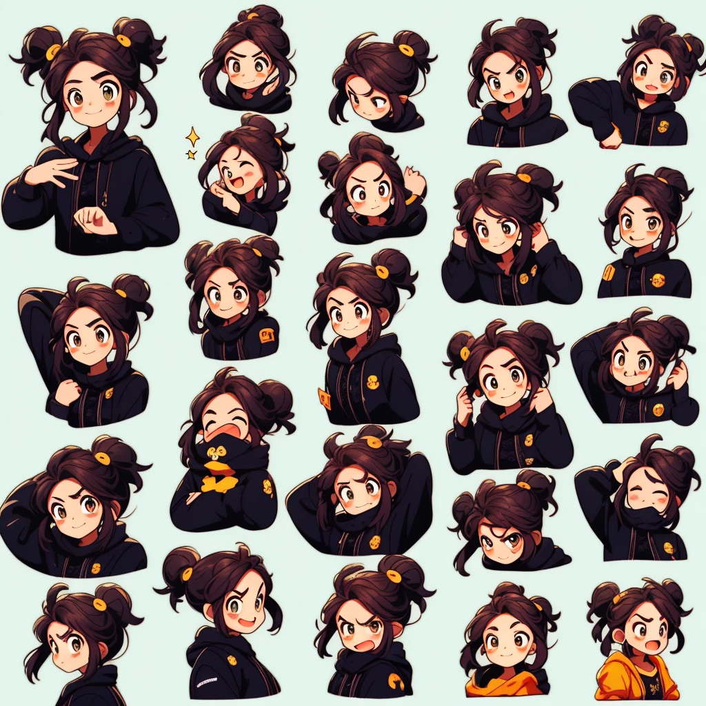 1 menina bonito，9，9 pacotes de emojis，9 poses and expressions，Estilo Disney，black strokes，different emotions，8k