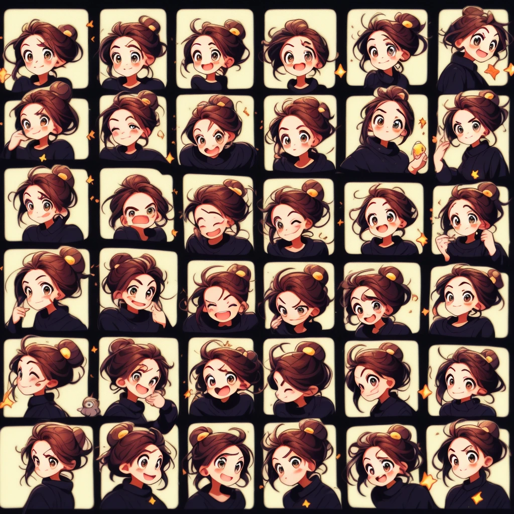 1 menina bonito，9，9 pacotes de emojis，9 poses and expressions，Estilo Disney，black strokes，different emotions，8k