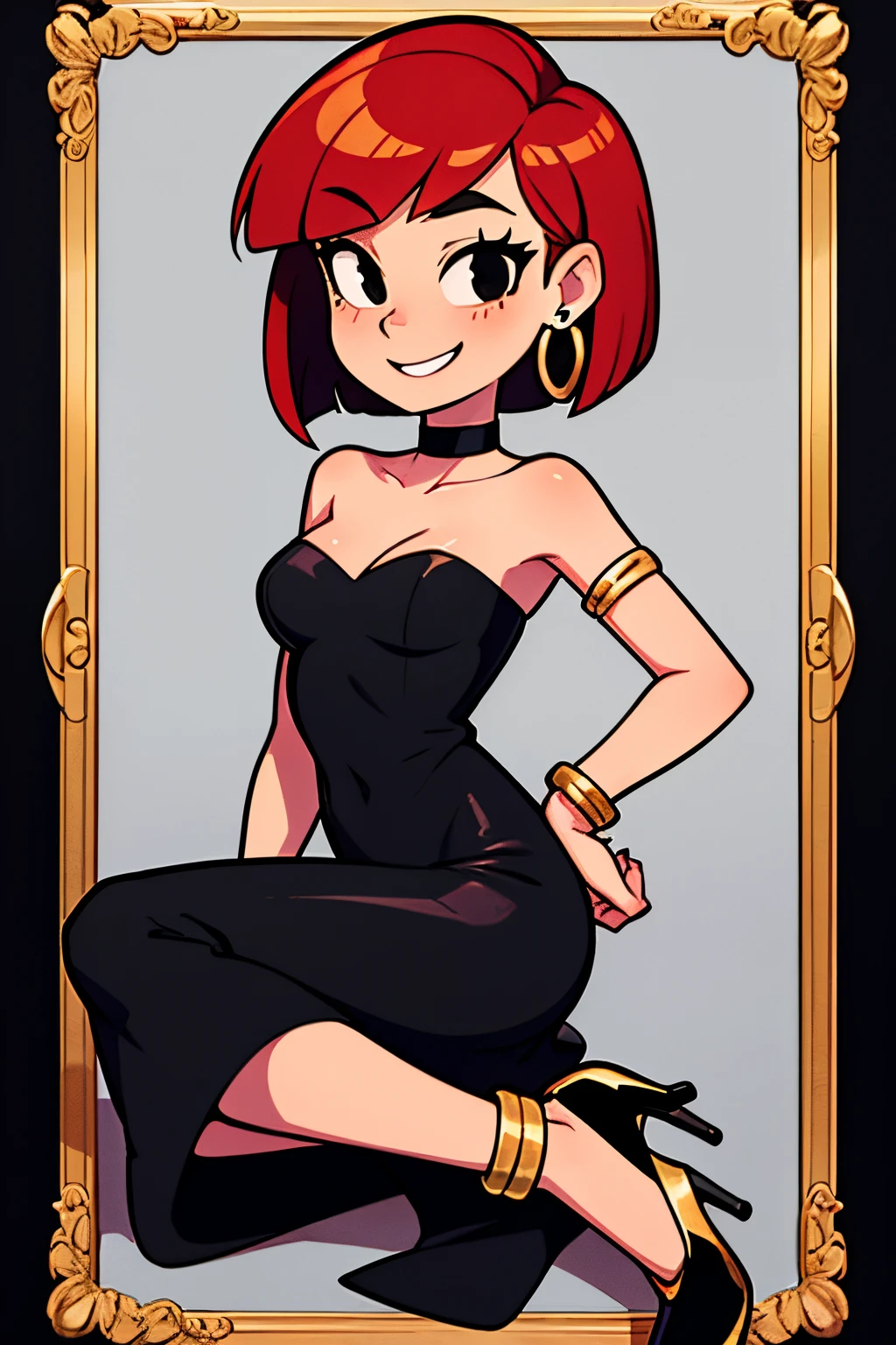 FrankieFoster, FostersStyle, 1 girl, teenage, short red hair, medium hair, bob hair, black eyes, smile, little black dress, strapless dress, skin-tight dress, choker, gold hoop earrings, gold bracelet, black high heels, fancy hotel, portrait.