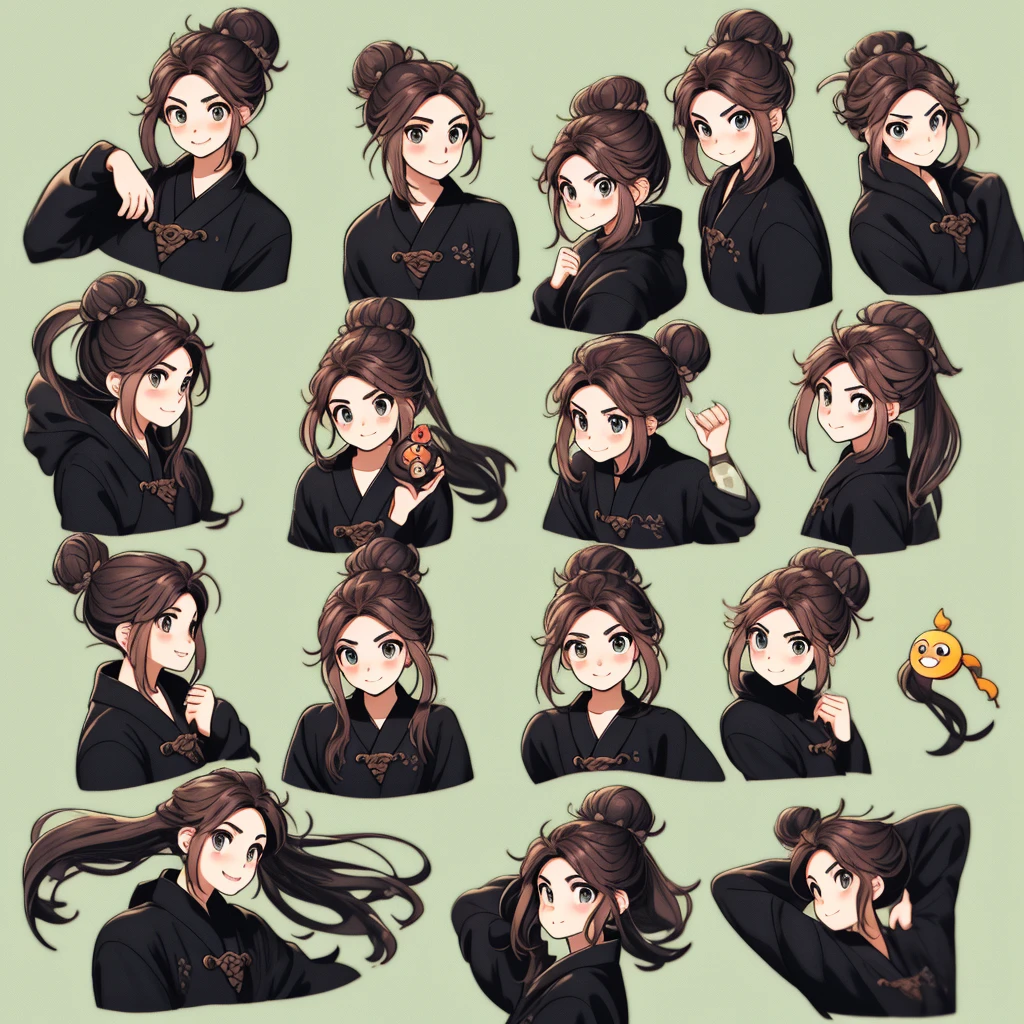 1 menina bonito，9 grades，9 pacotes de emojis，9 poses and expressions，Hanfu、hair buns、ornamento de cabelo，Estilo Disney，black strokes，different emotions，8k