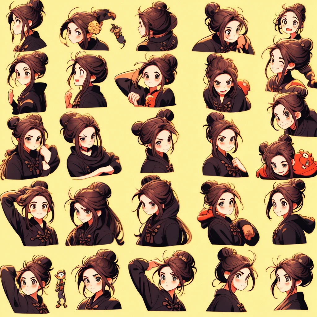 cute female，A pink blue purple white haired，Cat ears，Emoji pack，9 emojis，emoji sheet of，multiple postures and expressions，anthropomorphic styles，Disney  style，Black strokes，Different emotions，multiple postures and expressions, blue pink eyes, goth, black choker, boobs, long hair, bangs, side bangs, cat tail