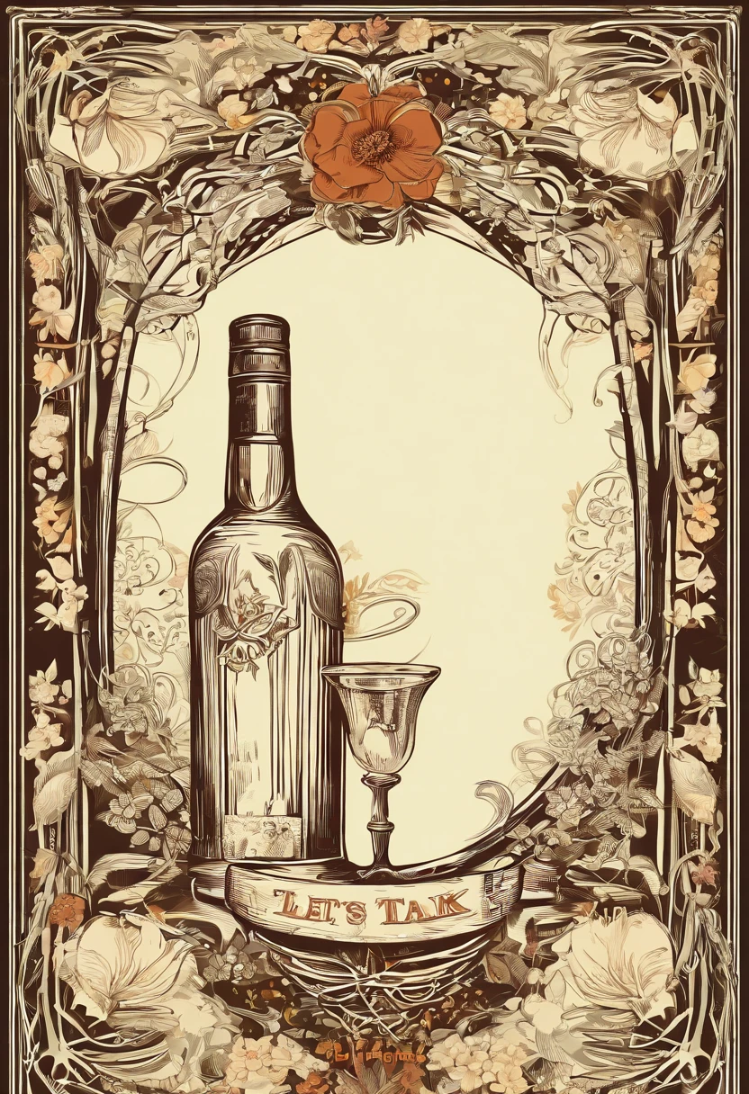 text “Let’s Talk Liquor” angled, whiskey glass and bottle, asymmetrical,