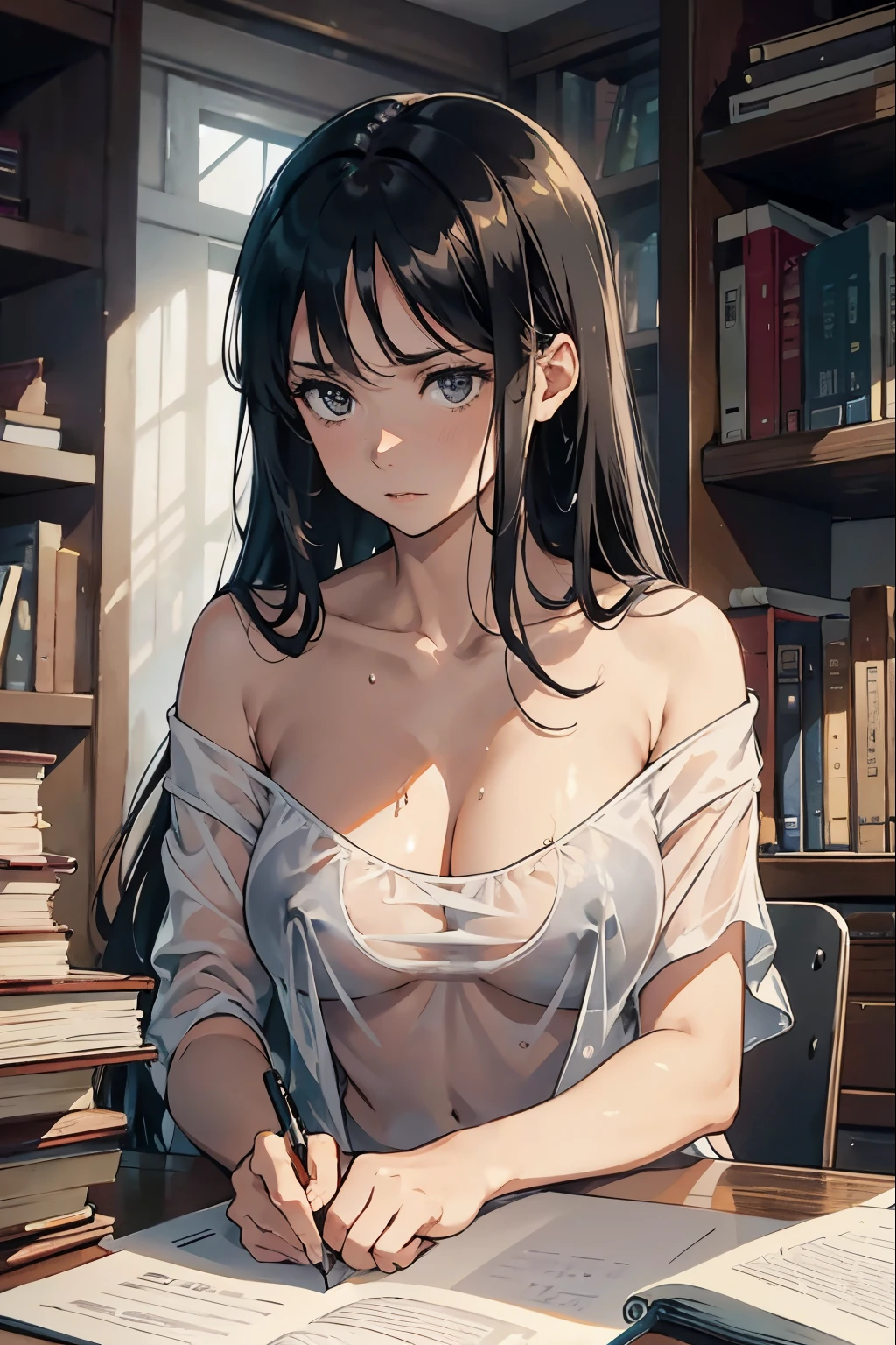 （nsfw）, (see-through:1.4),(breasts under shirts)，（topless），（highly  detailed），（wet cloth）, one-girl，Off-the-shoulder attire，astonishment，tutor，Black color hair，straight long hair，white  shirt，Mature woman，25-year-old woman，Large breasts，scowling，Top-down view，Close-up shot，Write homework，inside in room，bookshelves，desks