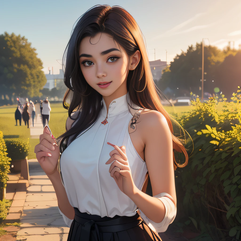 (Extremely detailed 8k wallpaper:2), (photo:2), (26 years old soigne Beautiful girl:2), (gives a lecture to friends:2), detailed (Face and eyes), (hyper realistic:1), (highly detailed:1), (epic realistic:1), rim light, (maximum details:1), cozy, (fullbody:1.3), (looking at viewer:2), (Woman's Attractive Qualities:2), (Attractive Woman:2), (Attractive:2), Smile, Intelligence, Empathy, Gracefulness, Sense of Style, Fitness, Grooming, Optimism, (Sensitivity:2), Sincerity, Romantic Gestures, Playfulness, Fashion Sense, (Sensuality:2), Charm, Modesty, Thoughtfulness, (Femininity:1), Flirtatiousness, Warmth, (Physical attractiveness:2), A beautiful smile, A love of life, strength and power, vulnerability, curiosity, wonder, love, (nature background:2), kawaii, waifu, Beautiful breasts, (attractive body:2), (Beautiful body:2), Beautiful pose, attractive pose, (Beautiful legs:1.0), (Beautiful clothes:1), (classic clothes:2), (elegant clothes:2), (European clothes:2), detailed clothes, (skirt:1), (blouse:1), (provocative pose)