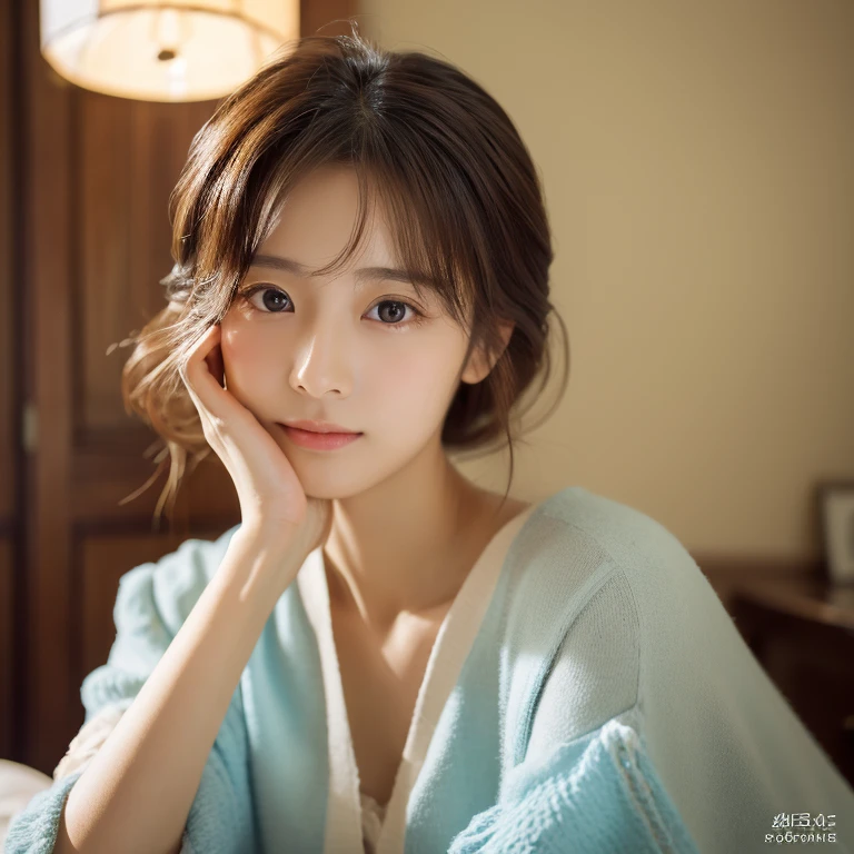 top-quality、masterpiece、超A high resolution、(Photorealsitic:1.4)、Raw photo、1人、gentle、with light glowing、japanes、Nice style、Beautuful Women、inside in room、hands on one's face、