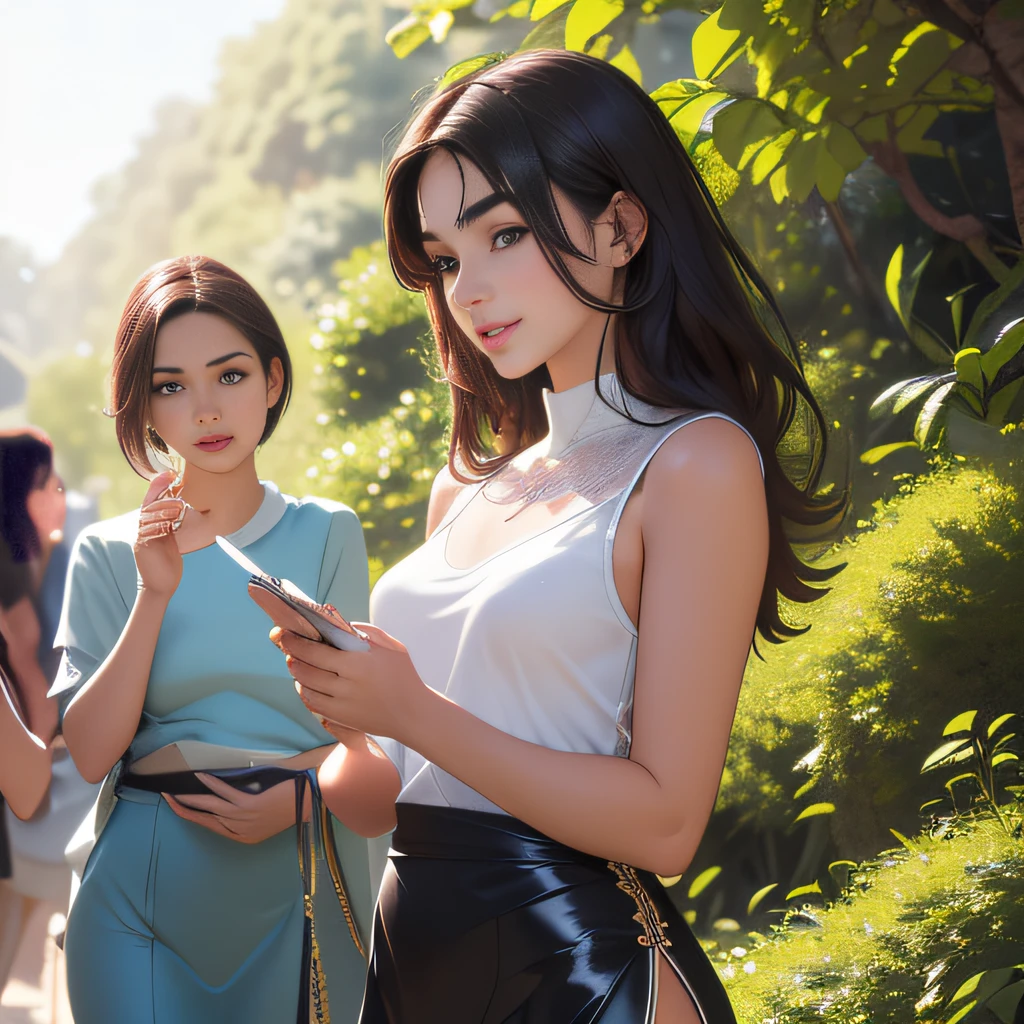 (Extremely detailed 8k wallpaper:2), (photo:2), (26 years old soigne Beautiful girl:2), (gives a lecture to friends:2), detailed (Face and eyes), (hyper realistic:1), (highly detailed:1), (epic realistic:1), rim light, (maximum details:1), cozy, (fullbody:1.3), (looking at viewer:2), (Woman's Attractive Qualities:2), (Attractive Woman:2), (Attractive:2), Smile, Intelligence, Empathy, Gracefulness, Sense of Style, Fitness, Grooming, Optimism, (Sensitivity:2), Sincerity, Romantic Gestures, Playfulness, Fashion Sense, (Sensuality:2), Charm, Modesty, Thoughtfulness, (Femininity:1), Flirtatiousness, Warmth, (Physical attractiveness:2), A beautiful smile, A love of life, strength and power, vulnerability, curiosity, wonder, love, (nature background:2), kawaii, waifu, Beautiful breasts, (attractive body:2), (Beautiful body:2), Beautiful pose, attractive pose, (Beautiful legs:1.0), (Beautiful clothes:1), (classic clothes:2), (elegant clothes:2), (European clothes:2), detailed clothes, (skirt:1), (blouse:1), (provocative pose)