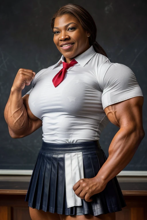 60 year old Resident evil, Viewed from below, dtamatic lighting, Ms Olympia giant Queen latifah, photoshoot studio quality lighting, heavily muscled iffb pro female bodybuilder , humongous muscular chest,((school uniforms:1.4)) ( ((high school)),((white shirt)), ((red tie)), ((dark blue leather skirt:1.3)) ((in the class room:1.3)) ((thin_fabric:1.4)) ((random pose:1.3)) ((sweaty:1.5))((face is flushed:1.4)) ((big muscles:1.4)) ((close-up:1.2)) best quality,masterpiece,ultra high res,(photorealistic:1.4),raw photo,(Authentic skin texture:1.3),(film grain:1.3),panorama,character portrait,very wide shot,narrow waist,cowboy shot,(in the dark, deep shadow, low key, cold light,) night,streaming tears,,dust,Tyndall effect,(expression),beautiful detailed eyes and face,white jabot,brown eyes,((brown hair:1.2)) ((full body:1.3)) ((smile:1.3))