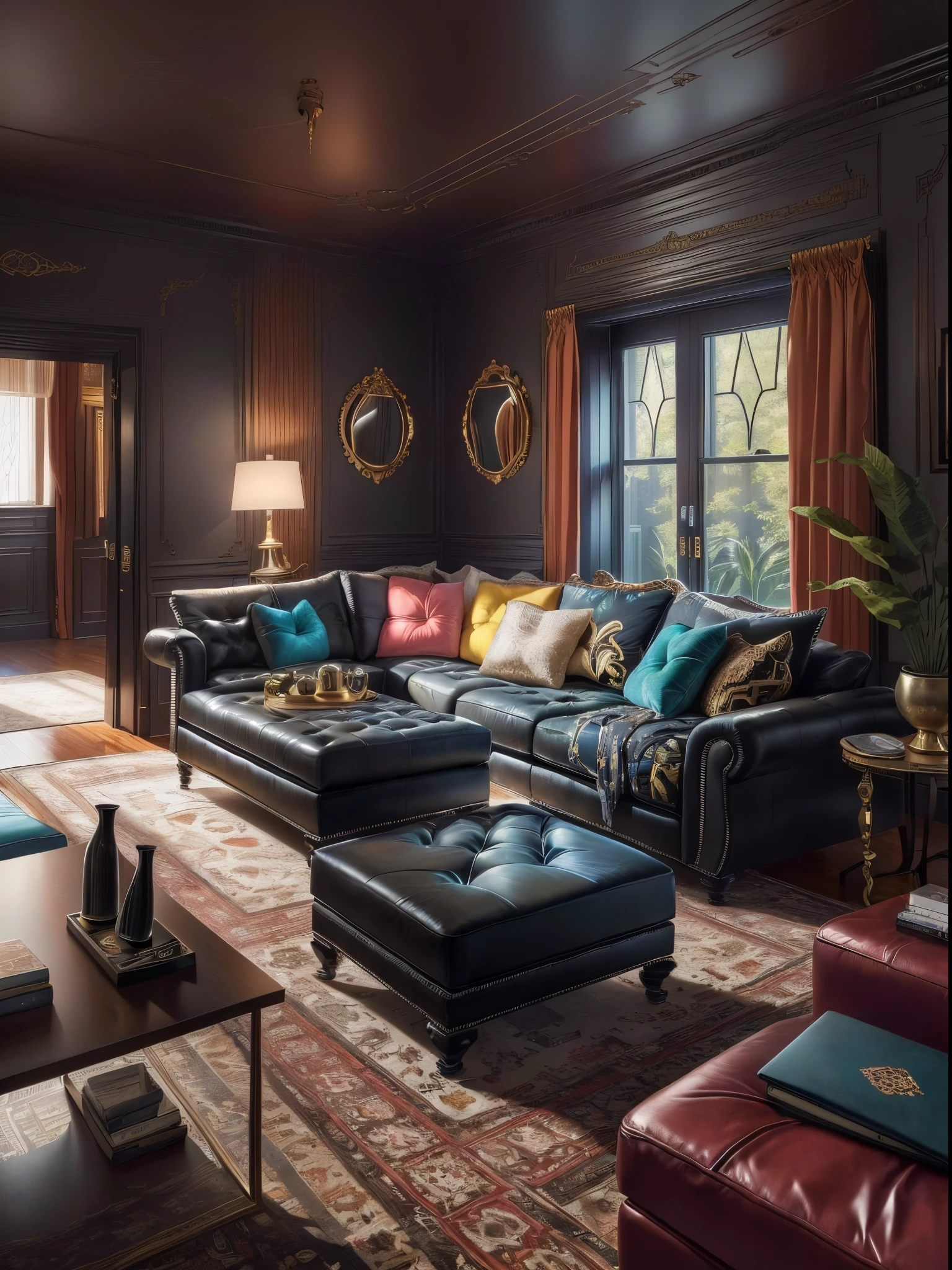 there is a living room with a couch, a chair, ottoman, and a table, Maximalism. Amazing cleavage, Minimalist details, maximalist, Perfect minimalist composition, great masterpiece, Messy minimalist interior, simple engraved design, supermultiplication theory, supermultiplication theory, wonderful masterpiece, Hypermultiplication theory, Maximalism, Vivid and detailed