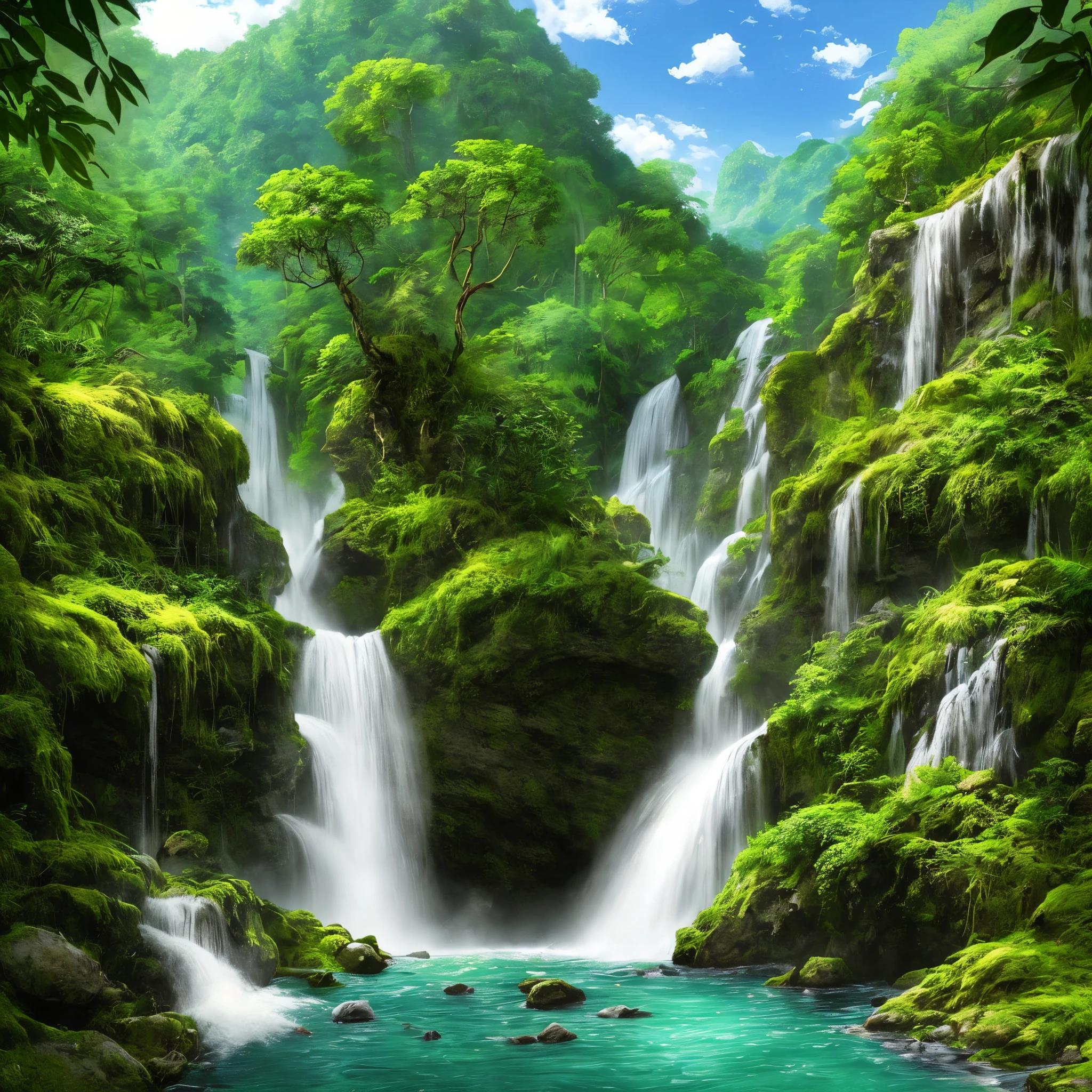 waterfall in the middle of a green jungle and with a river where various animals drink water