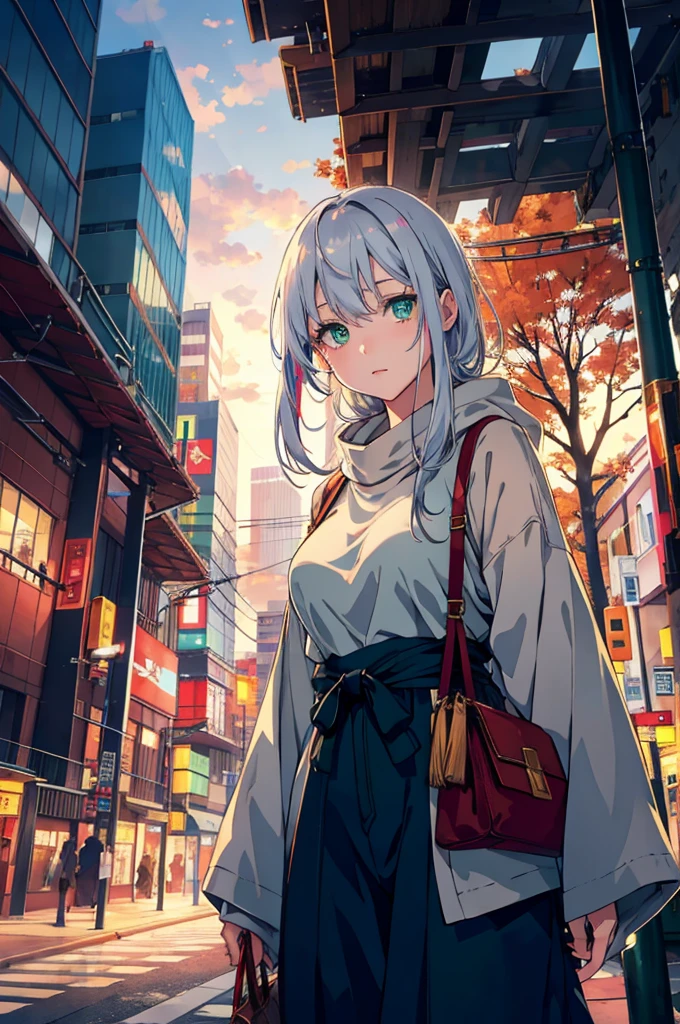 japan, highres, highest quallity, illustration, ultra detailed, (detailed face), (detailed eyes), soft lighting, best quality, hazy glow, dreamy atmosphere, hyper detailed, masterpiece, 1girl, solo, silver hair, green eyes, knitwear, luminous eyes, medium breasts, (colorful), cowboy shot, from below, outdoors, morning, clouds, tall buildings in background, industrial, public transportation, urban, concrete buildings, concrete, sidewalk, busy, trees, autumn, falling leaves,