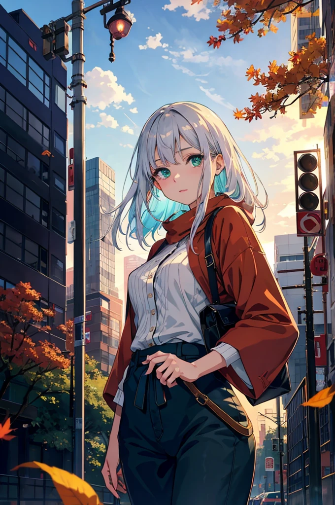 japan, highres, highest quallity, illustration,  ultra detailed, (detailed face), (detailed eyes), soft lighting, best quality, hazy glow, dreamy atmosphere, hyper detailed, masterpiece, 1girl, solo, silver hair, green eyes, knitwear, luminous eyes, medium breasts, (colorful), cowboy shot, from below, outdoors, morning, clouds, tall buildings in background, industrial, public transportation, urban, concrete buildings, concrete, sidewalk, busy, trees, autumn, falling leaves,