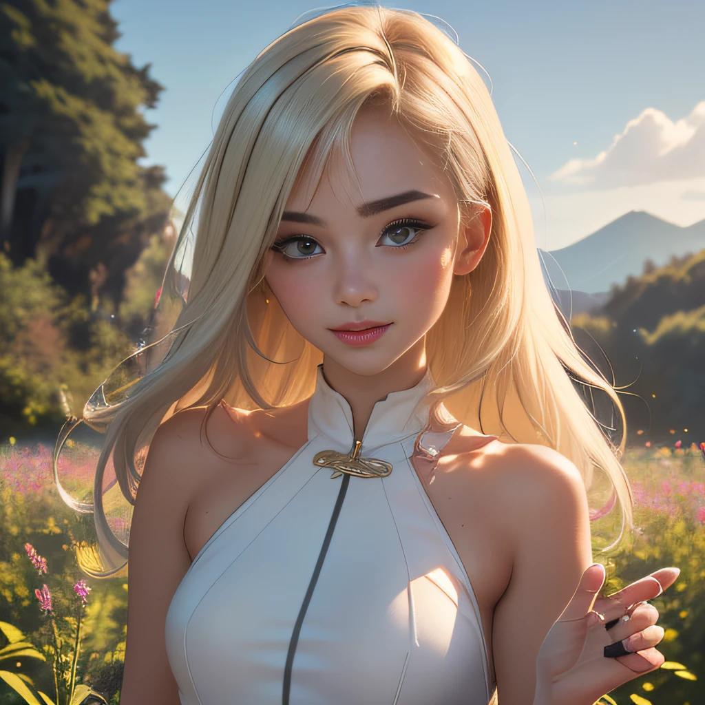 (Extremely detailed 8k wallpaper:2), (photo:2), (26 years old soigne Beautiful girl:2), (gives a lecture to friends:2), detailed (Face and eyes), (hyper realistic:1), (highly detailed:1), (epic realistic:1), rim light, (maximum details:1), cozy, (fullbody:1.3), (looking at viewer:2), (Woman's Attractive Qualities:2), (Attractive Woman:2), (Attractive:2), Smile, Intelligence, Empathy, Gracefulness, Sense of Style, Fitness, Grooming, Optimism, (Sensitivity:2), Sincerity, Romantic Gestures, Playfulness, Fashion Sense, (Sensuality:2), Charm, Modesty, Thoughtfulness, (Femininity:1), Flirtatiousness, Warmth, (Physical attractiveness:2), A beautiful smile, A love of life, strength and power, vulnerability, curiosity, wonder, love, (nature background:2), kawaii, waifu, Beautiful breasts, (attractive body:2), (Beautiful body:2), Beautiful pose, attractive pose, (Beautiful legs:1.0), (Beautiful clothes:1), (classic clothes:2), (elegant clothes:2), (European clothes:2), detailed clothes, (skirt:1), (blouse:1), (provocative pose)