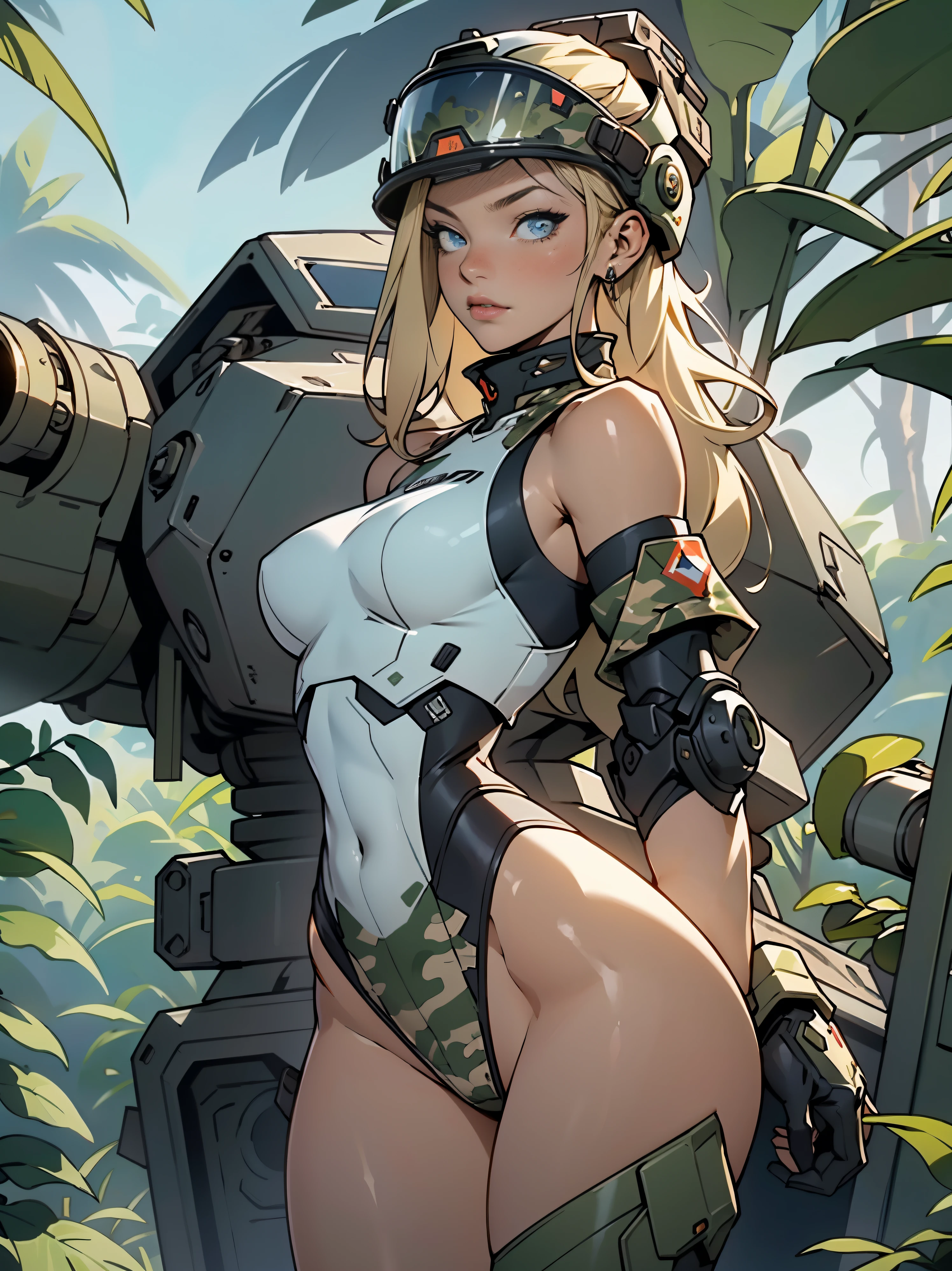 1woman 20 years old, max resolution, sculpted, military, wearing a soldier helmet, beautiful, perfect body, blonde hair, blue eyes, perfect body, thin waist, wide hips, large breasts, slim thighs, jungle background, armored vehicle, military robot, camouflaged uniform, tight panties, two-piece, highly detailed, high resolution, perfect hands, rear view, camo, from behind, bare shoulders